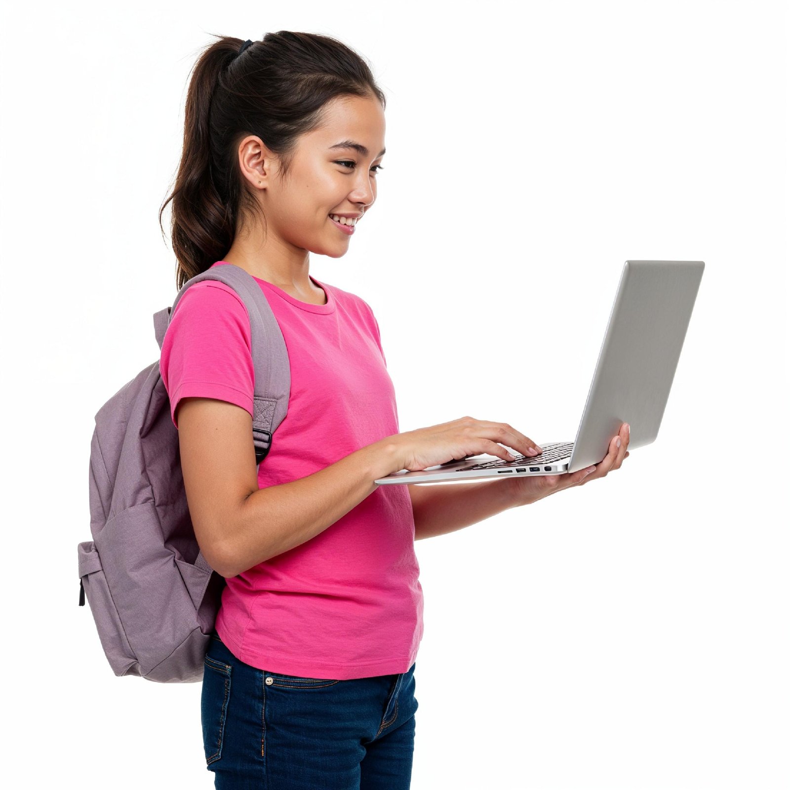 Young Woman Using Laptop While Standing Isolated on White Background, Technology Concept