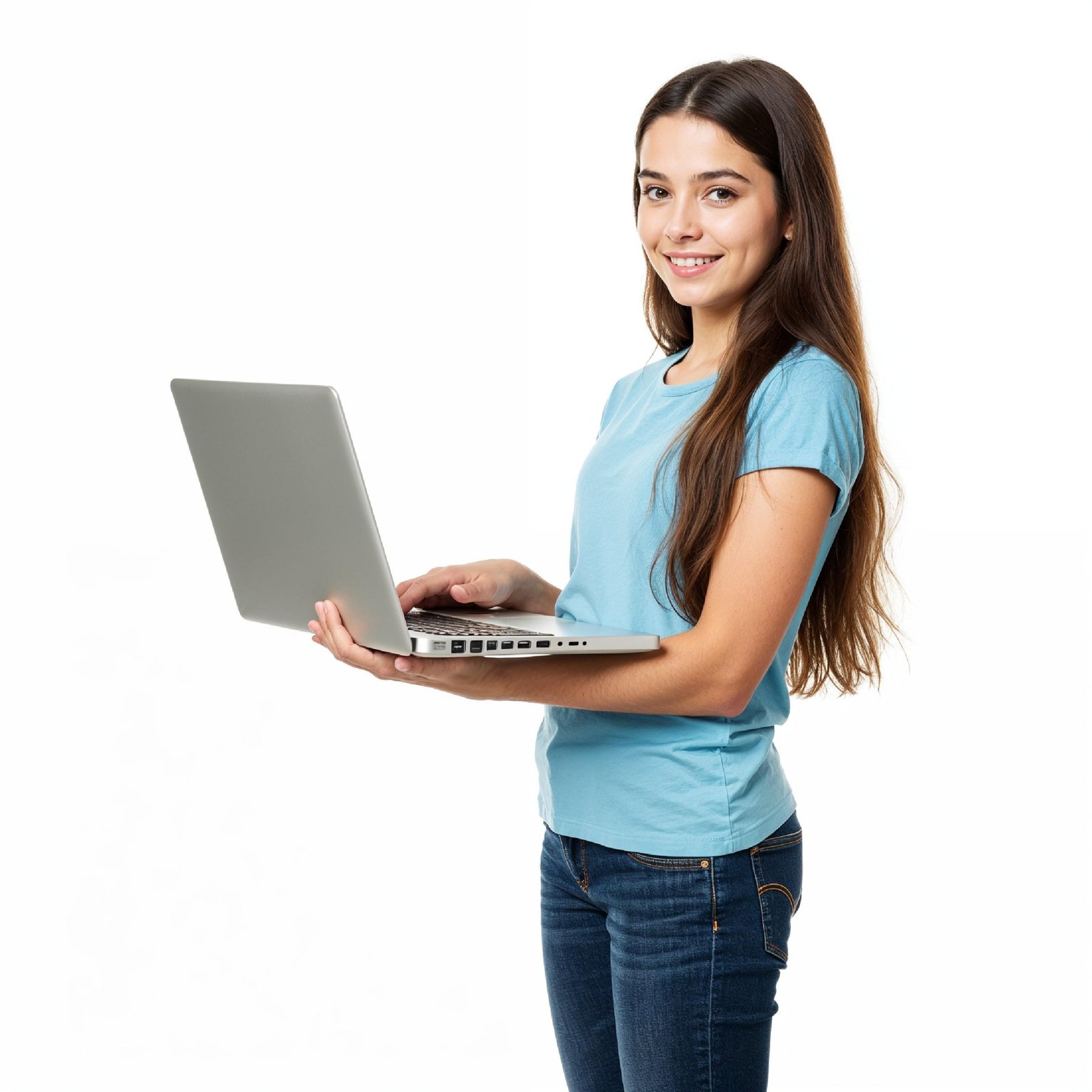 Young Woman Using Laptop While Standing Isolated on White Background, Technology Concept