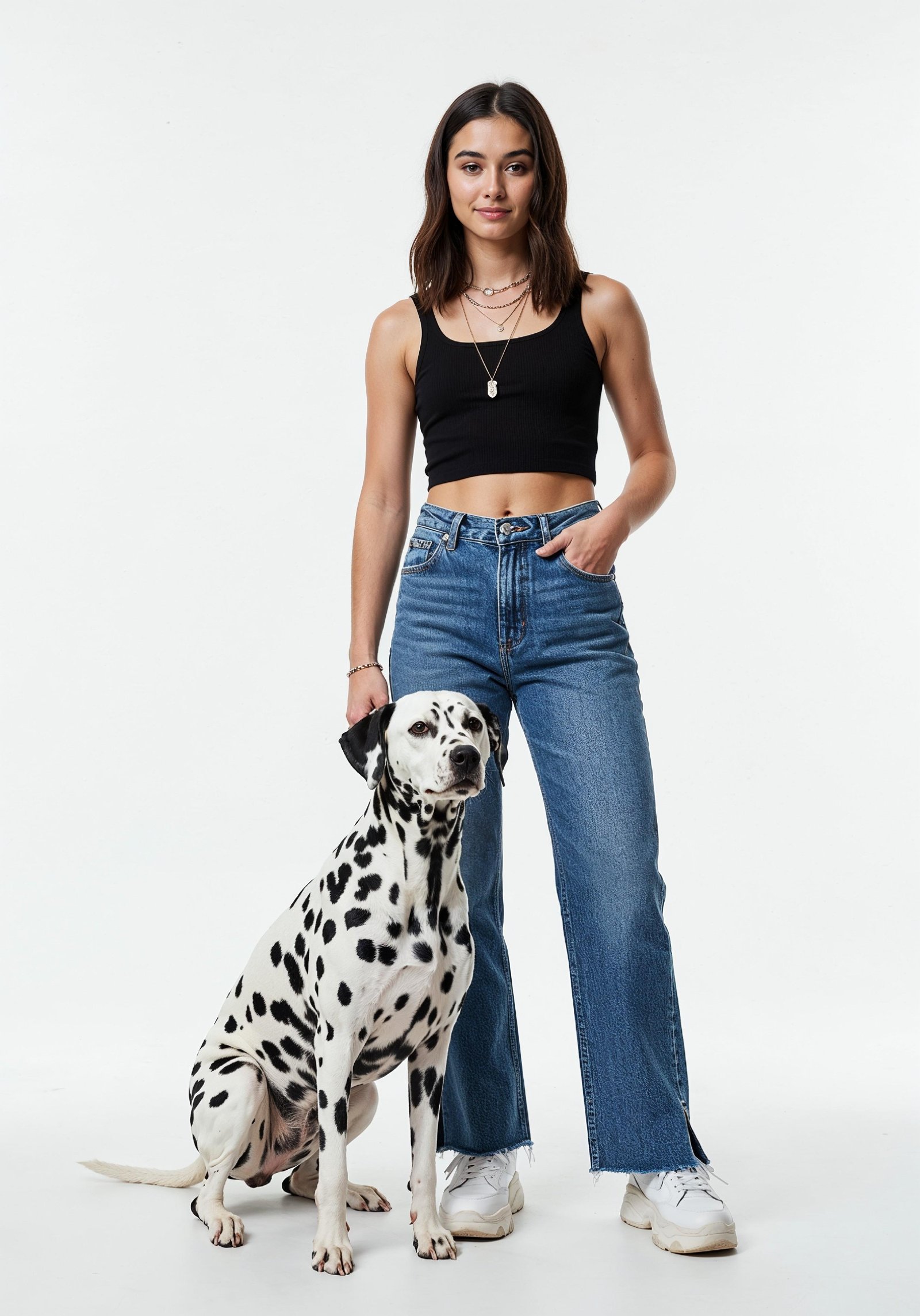 Young Woman with Pet Dog Lifestyle Portrait in Casual Fashion and Animal Companion Theme
