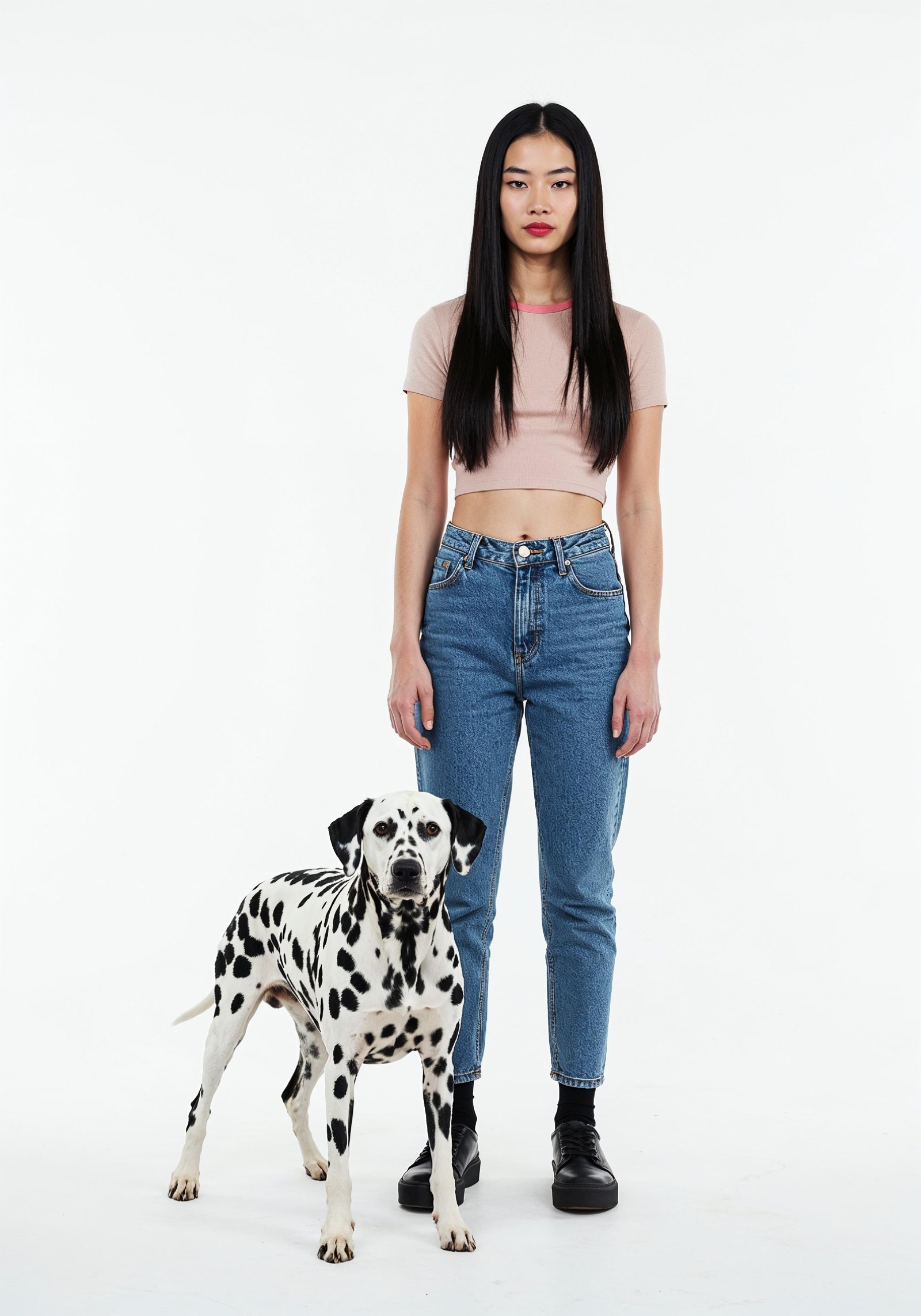 Young Woman with Pet Dog Lifestyle Portrait in Casual Fashion and Animal Companion Theme
