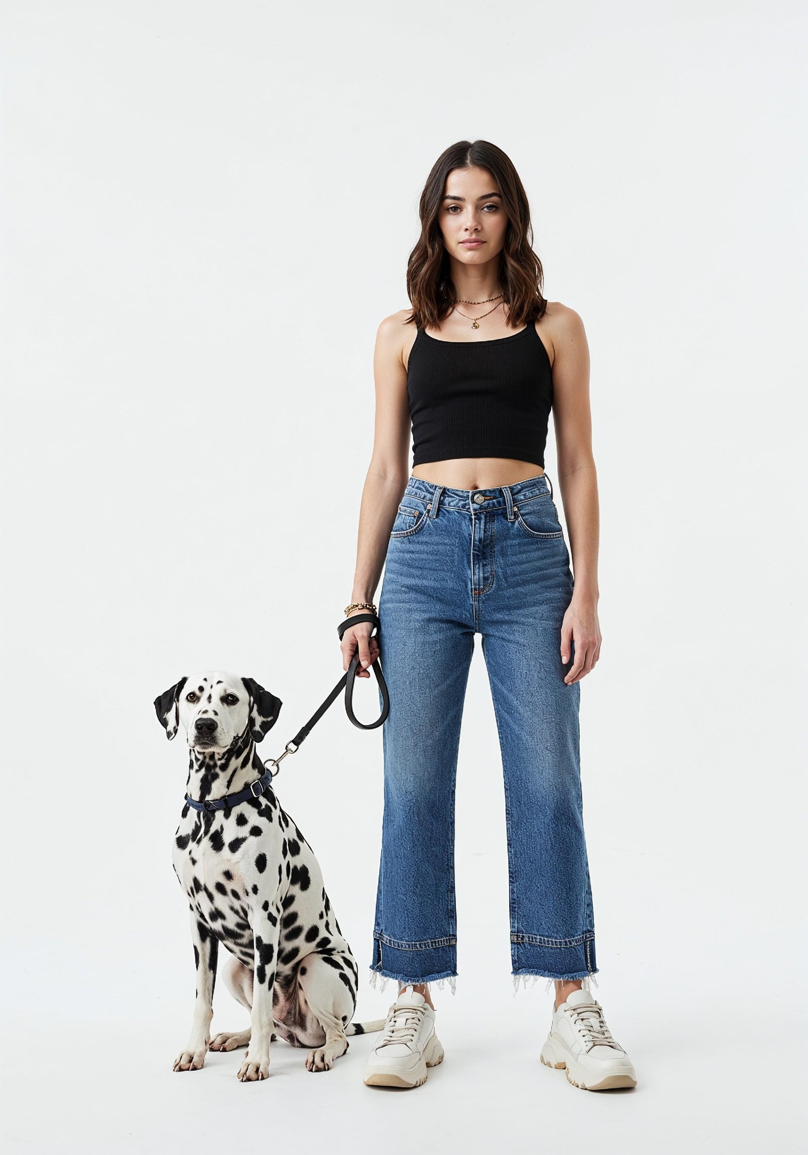 Young Woman with Pet Dog Lifestyle Portrait in Casual Fashion and Animal Companion Theme