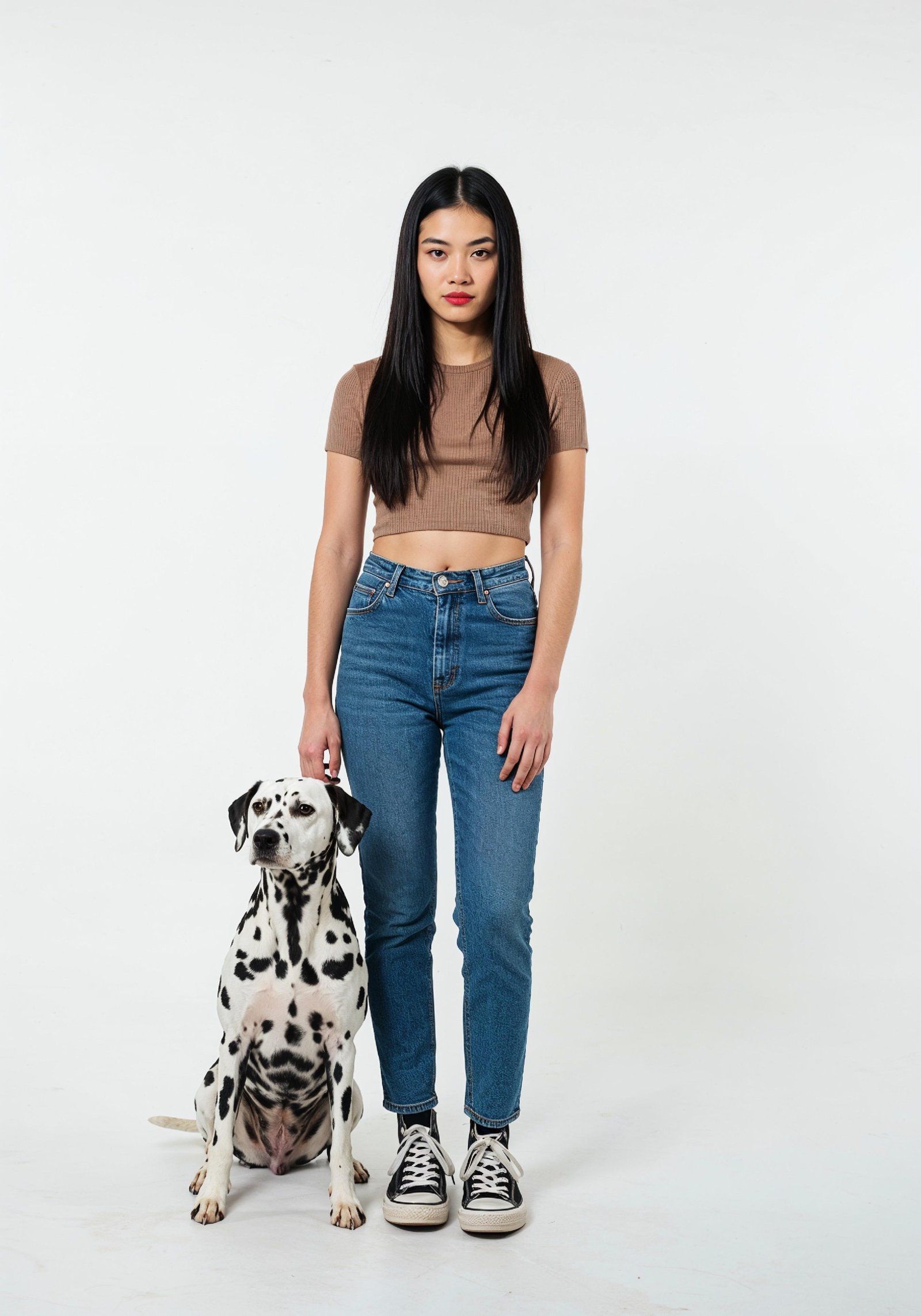 Young Woman with Pet Dog Lifestyle Portrait in Casual Fashion and Animal Companion Theme