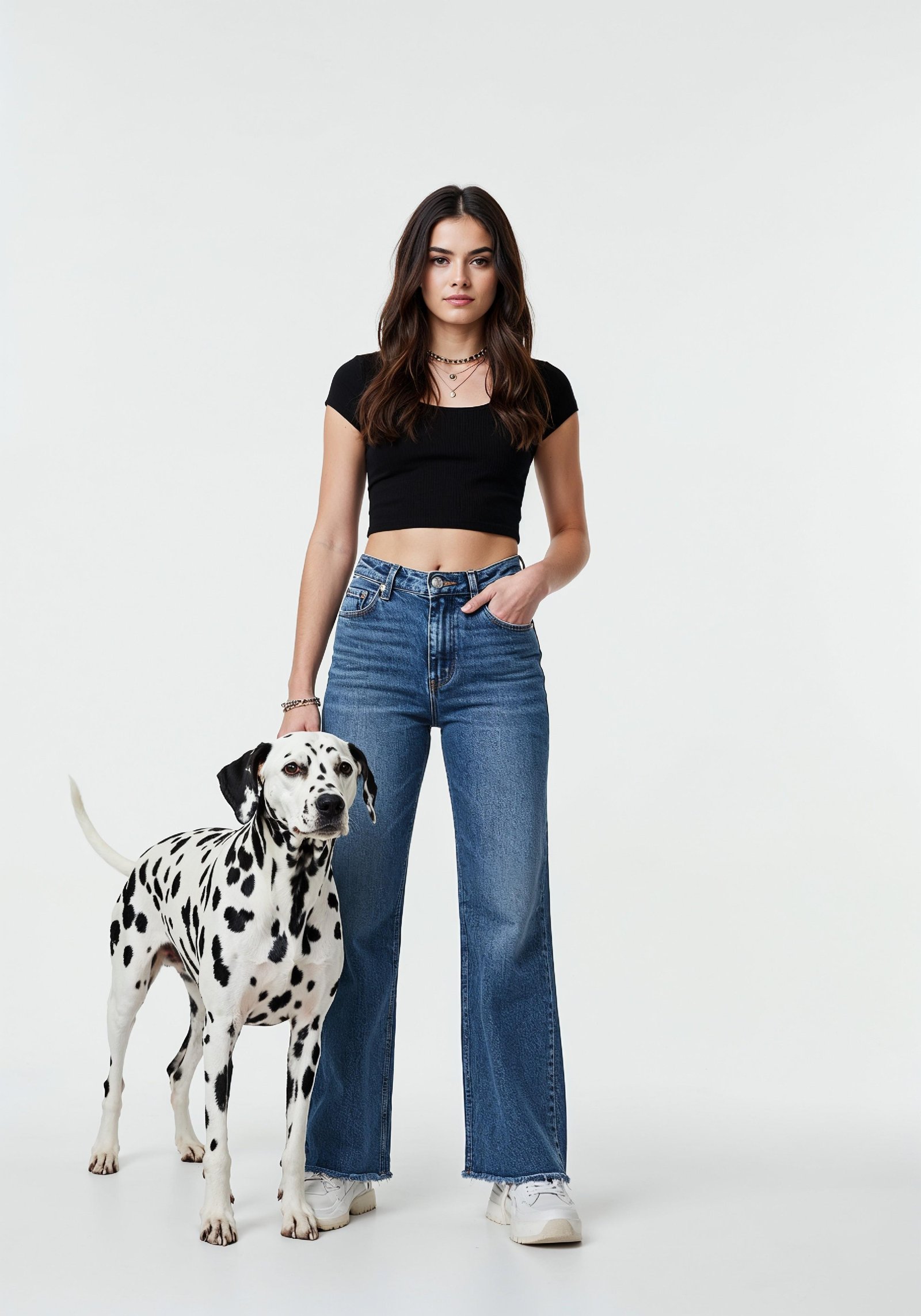 Young Woman with Pet Dog Lifestyle Portrait in Casual Fashion and Animal Companion Theme