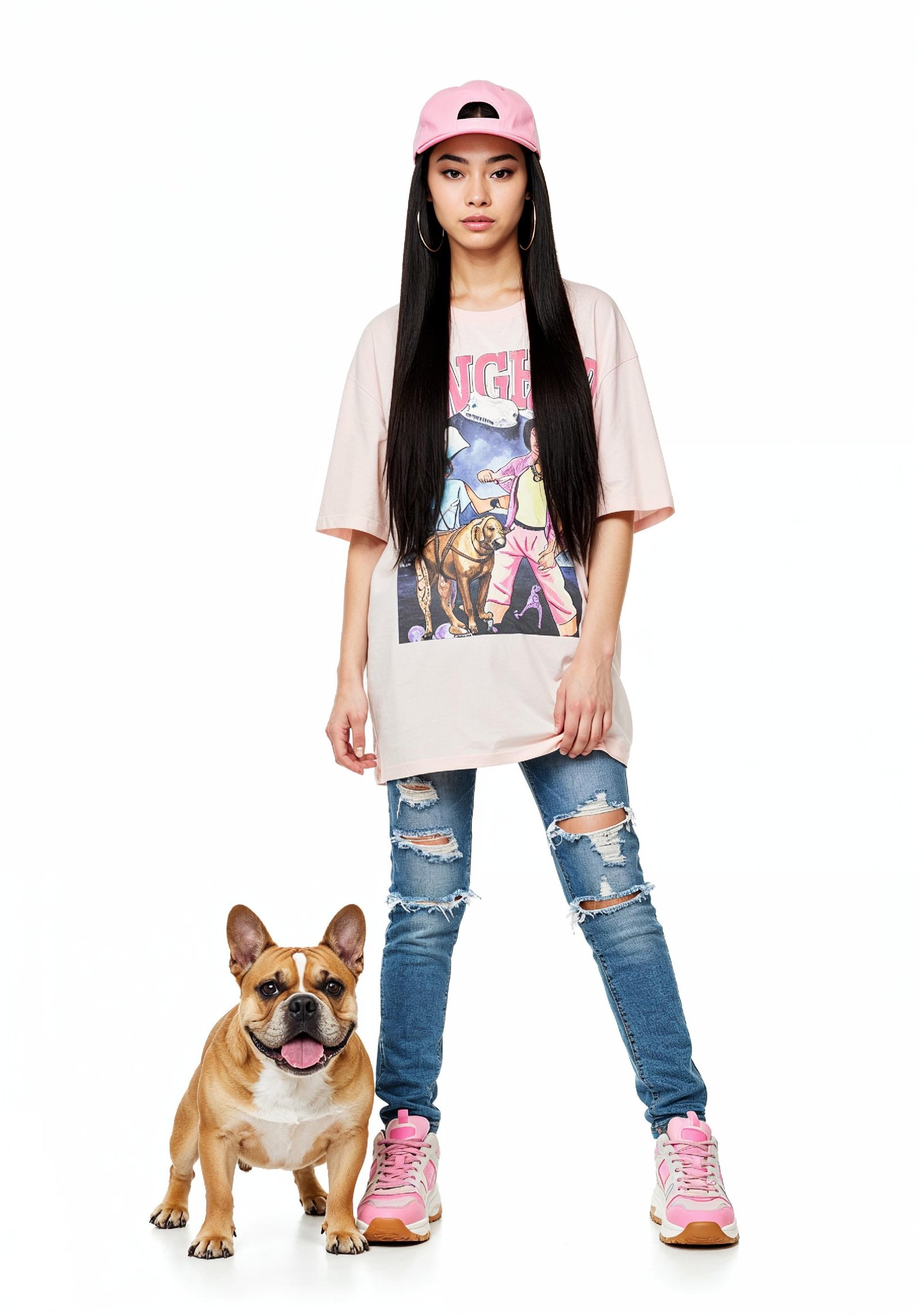 Young Woman with Pet Dog Lifestyle Portrait in Casual Fashion and Animal Companion Theme
