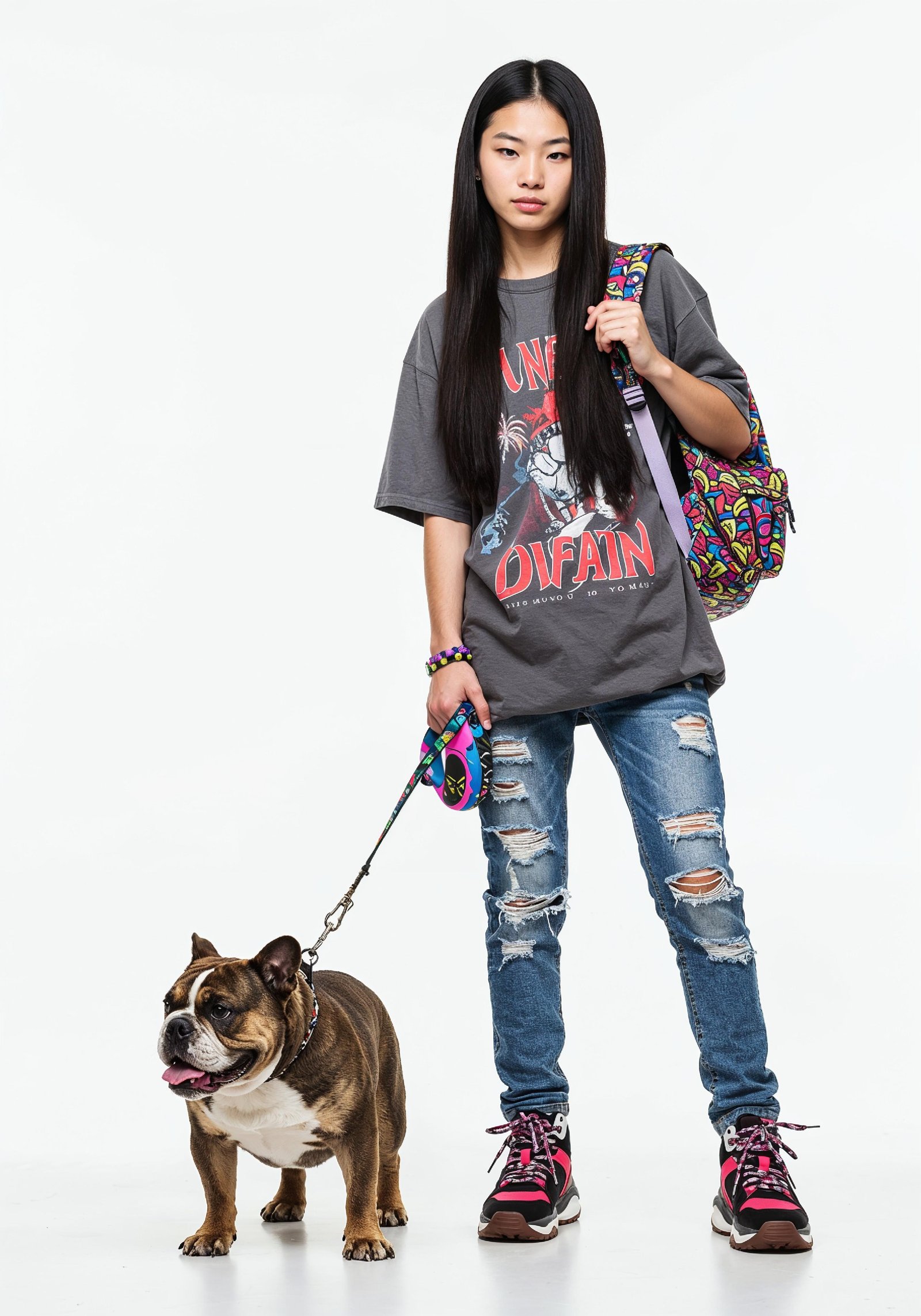 Young Woman with Pet Dog Lifestyle Portrait in Casual Fashion and Animal Companion Theme