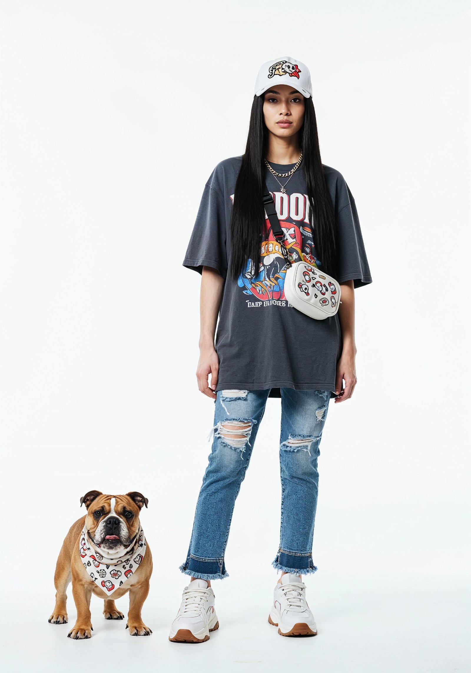 Young Woman with Pet Dog Lifestyle Portrait in Casual Fashion and Animal Companion Theme