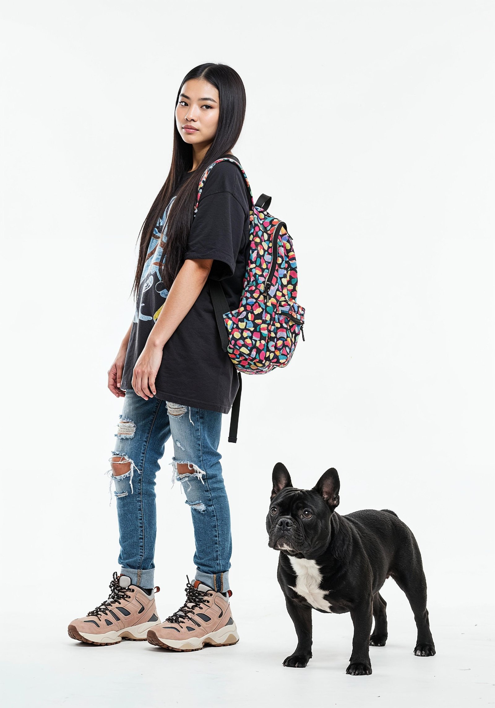 Young Woman with Pet Dog Lifestyle Portrait in Casual Fashion and Animal Companion Theme