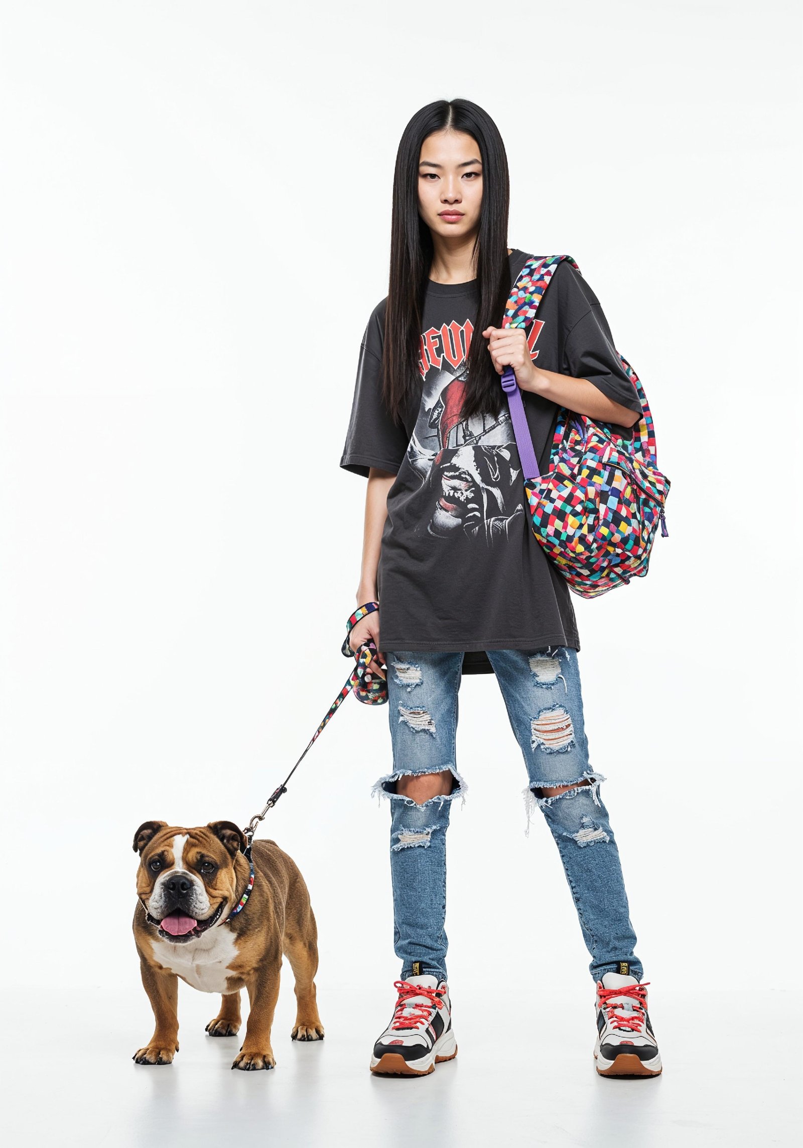 Young Woman with Pet Dog Lifestyle Portrait in Casual Fashion and Animal Companion Theme