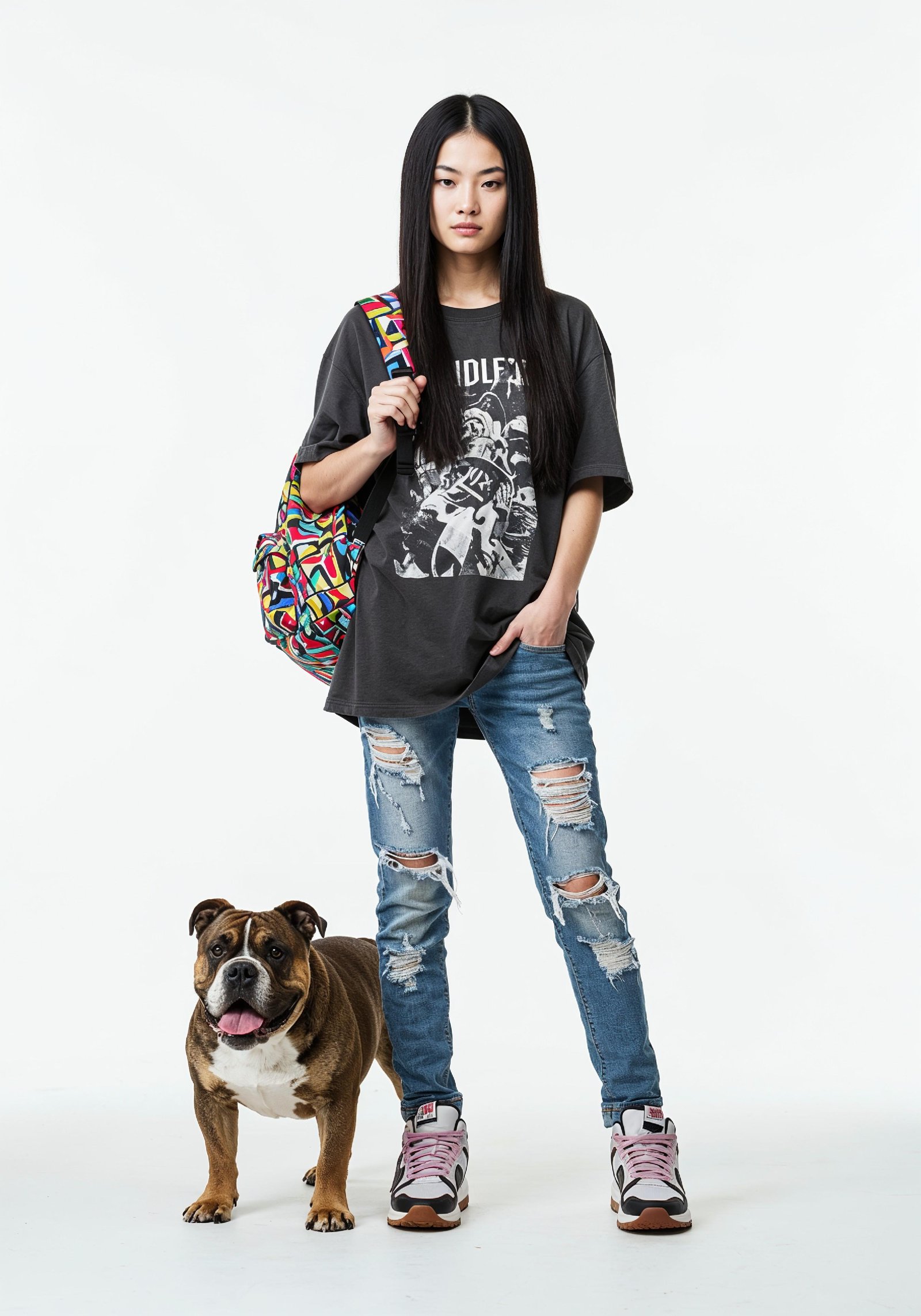 Young Woman with Pet Dog Lifestyle Portrait in Casual Fashion and Animal Companion Theme
