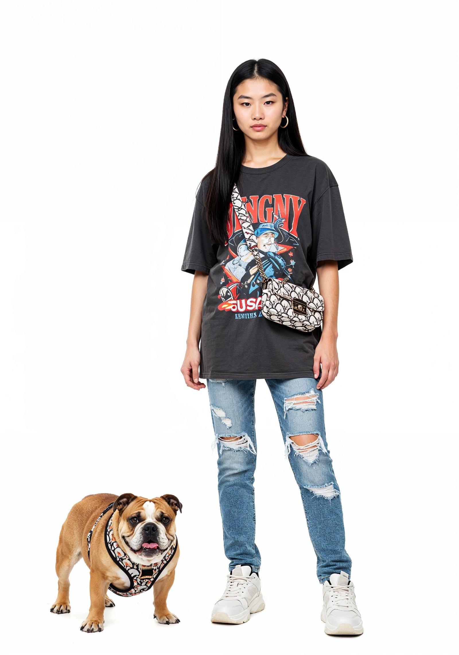 Young Woman with Pet Dog Lifestyle Portrait in Casual Fashion and Animal Companion Theme