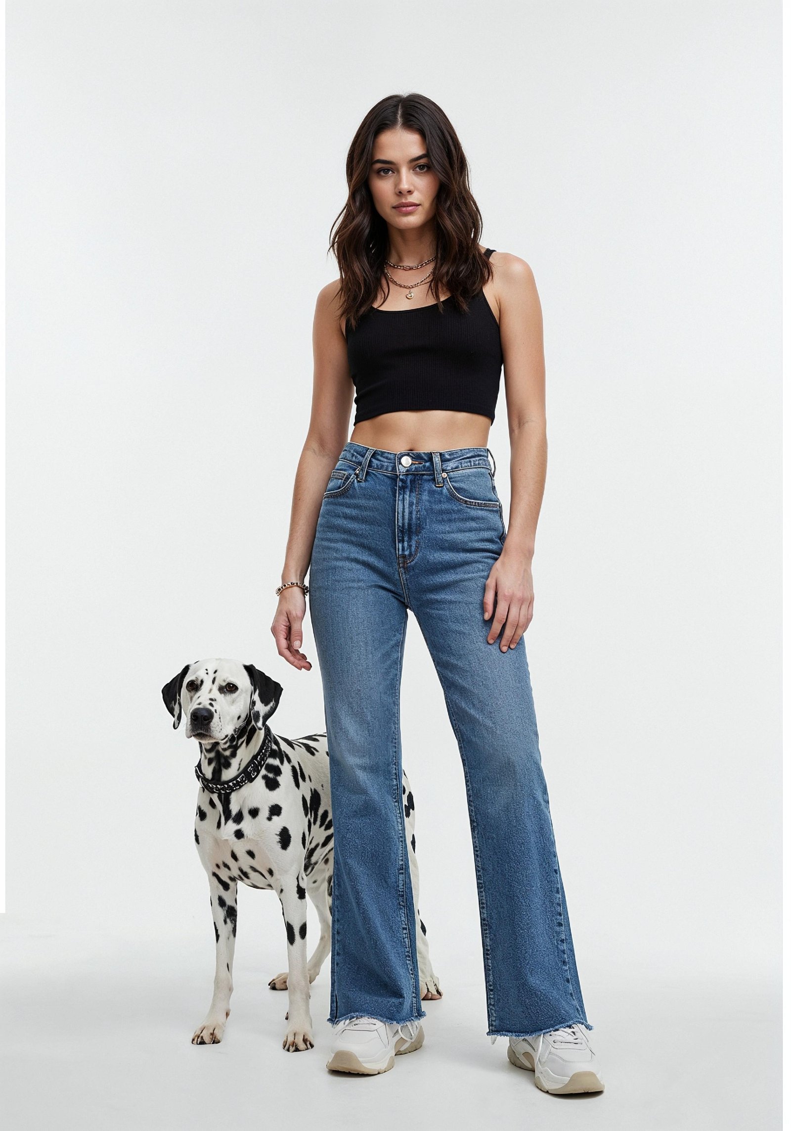 Young Woman with Pet Dog Lifestyle Portrait in Casual Fashion and Animal Companion Theme