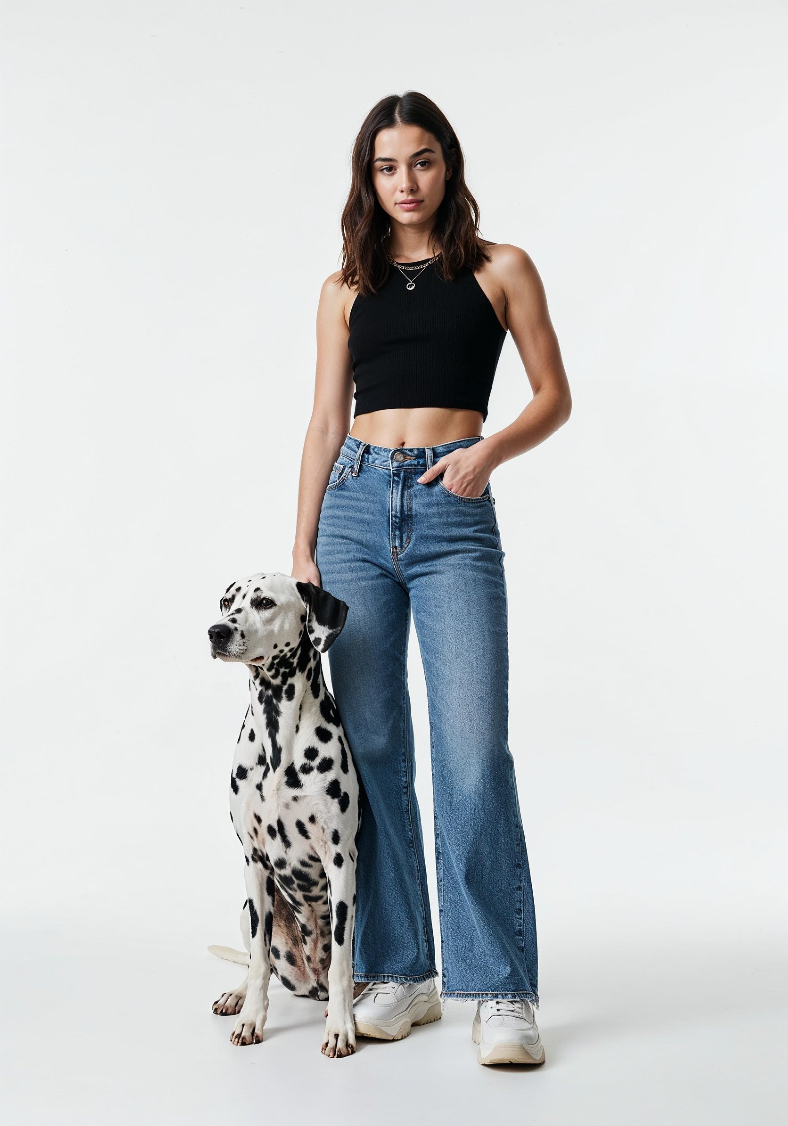 Young Woman with Pet Dog Lifestyle Portrait in Casual Fashion and Animal Companion Theme