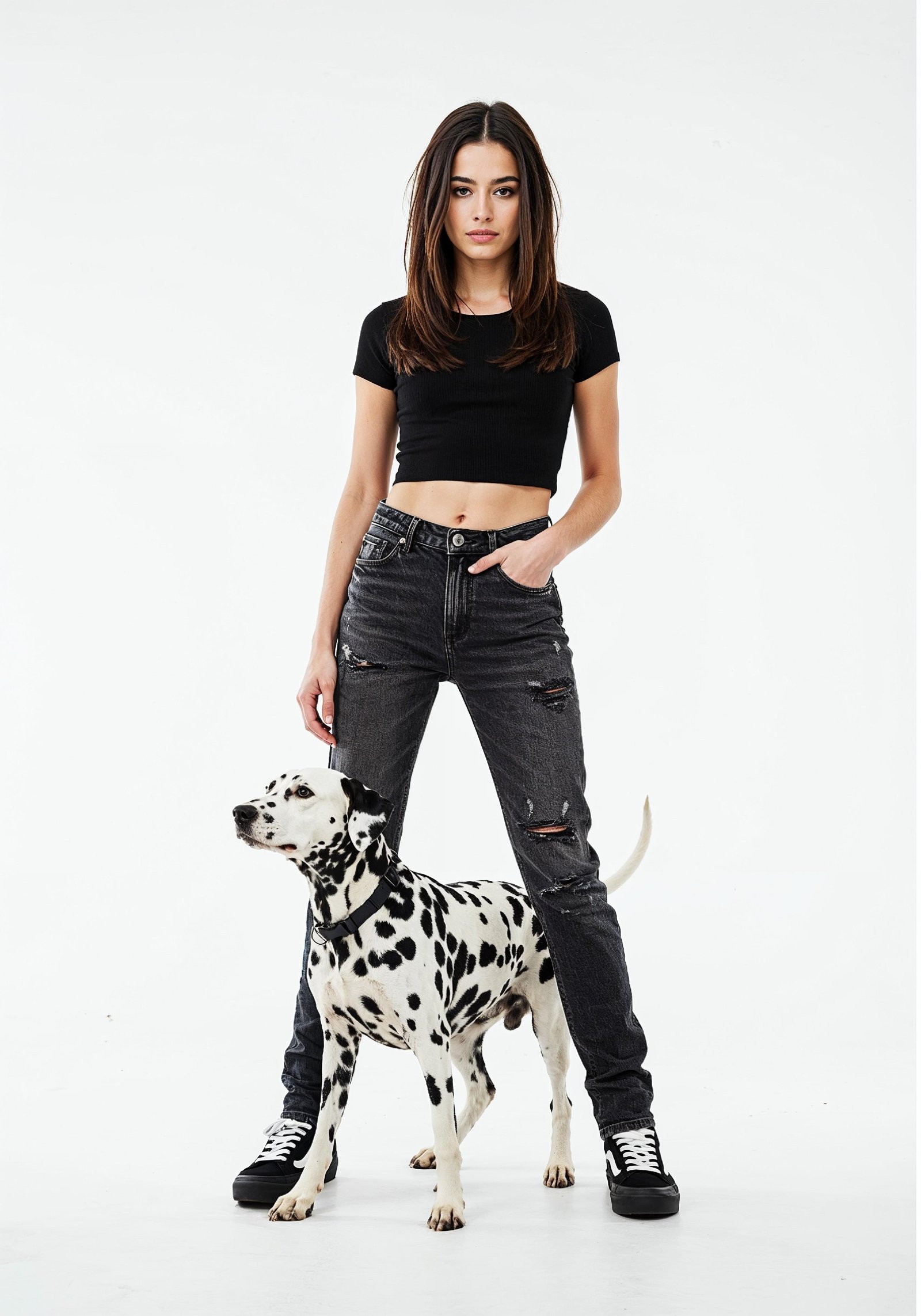 Young Woman with Pet Dog Lifestyle Portrait in Casual Fashion and Animal Companion Theme