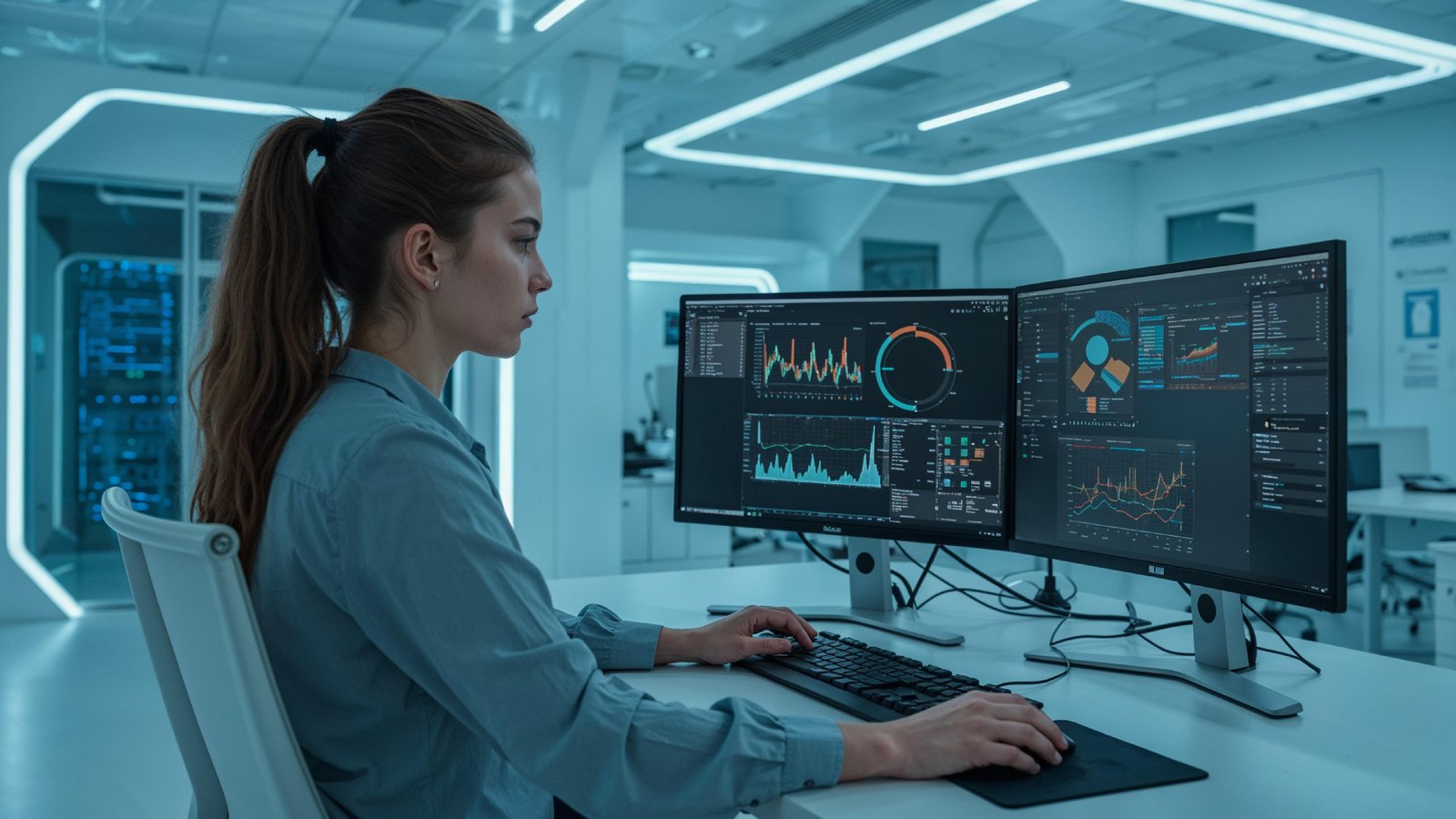 Young Woman Working on Laptop at Modern Home Office Workspace