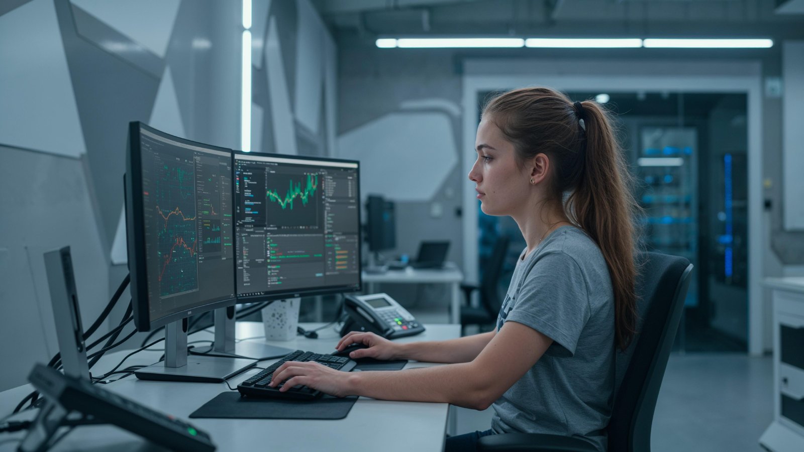 Young Woman Working on Laptop at Modern Home Office Workspace
