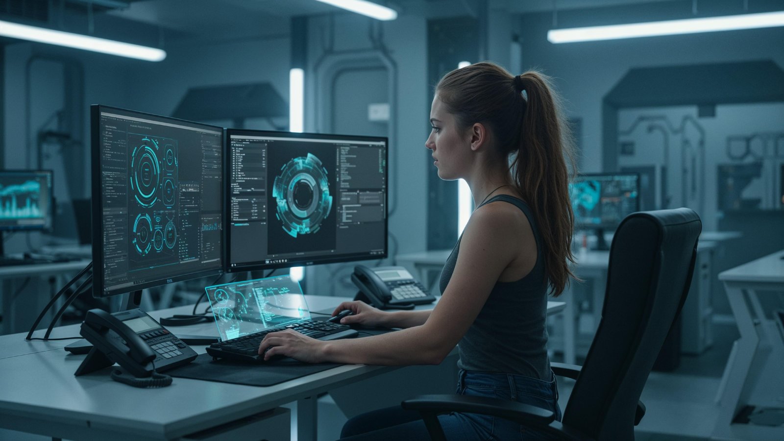 Young Woman Working on Laptop at Modern Home Office Workspace