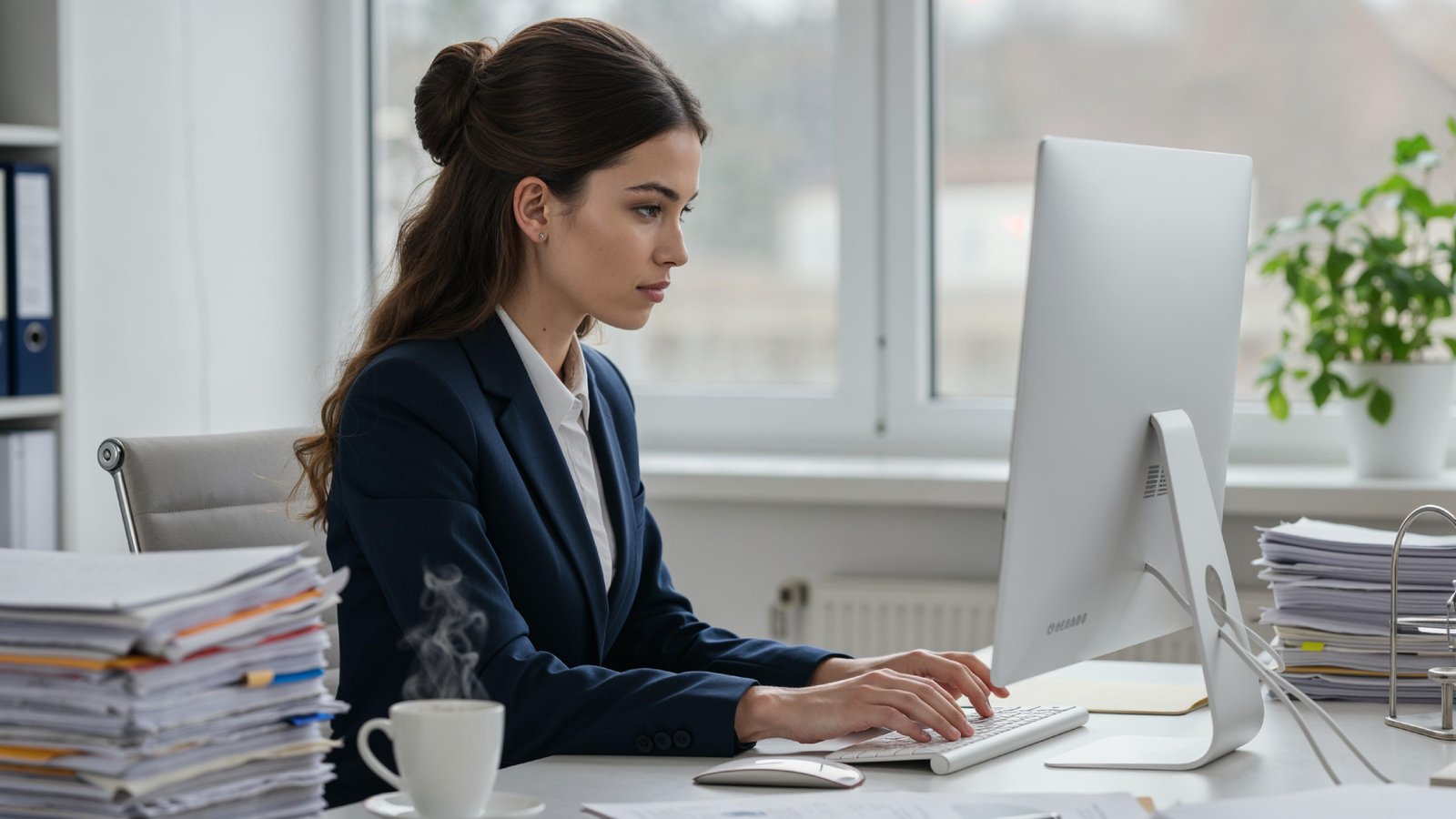 Young Woman Working on Laptop at Modern Home Office Workspace