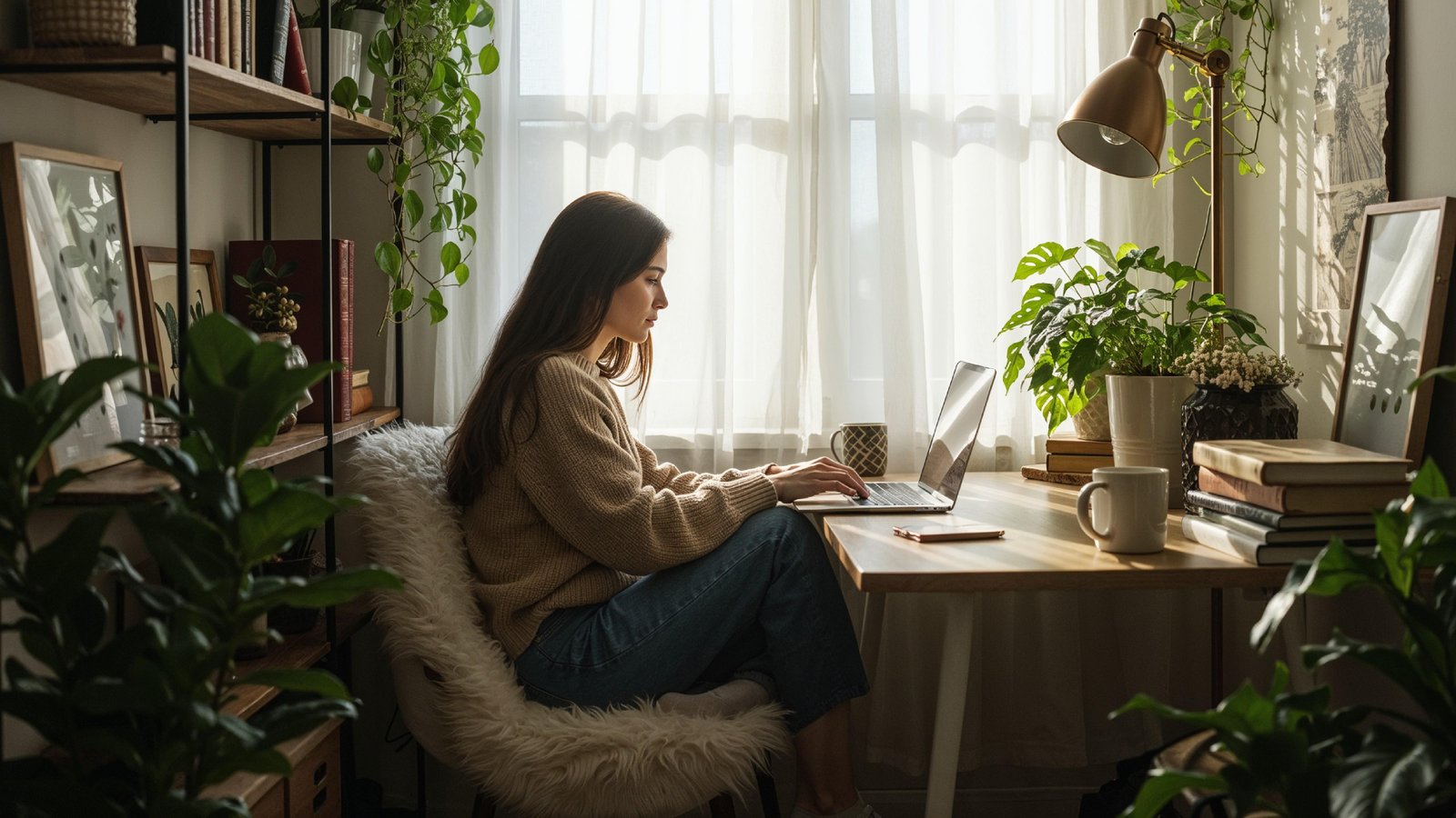 Young Woman Working on Laptop at Modern Home Office Workspace