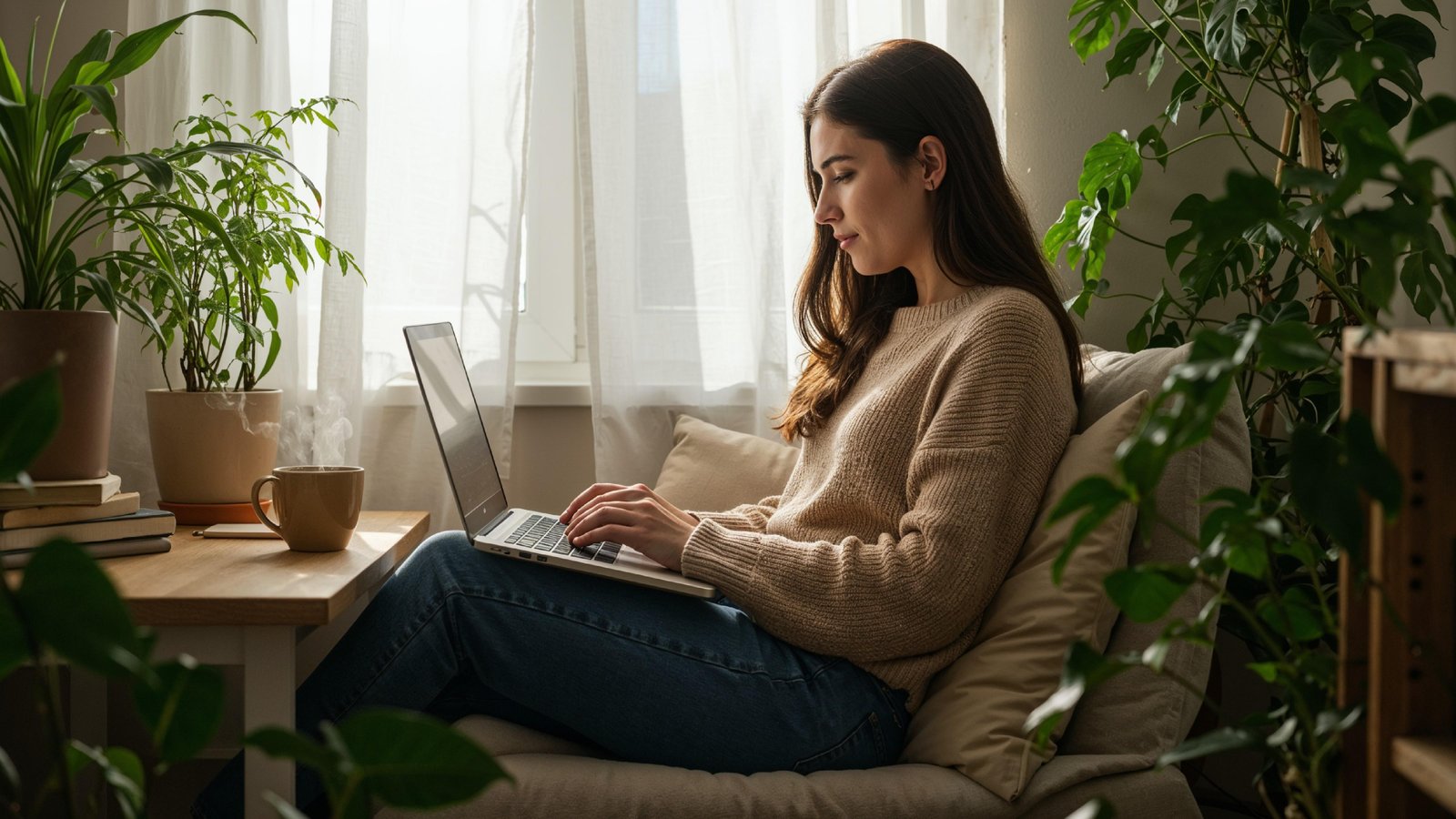 Young Woman Working on Laptop at Modern Home Office Workspace
