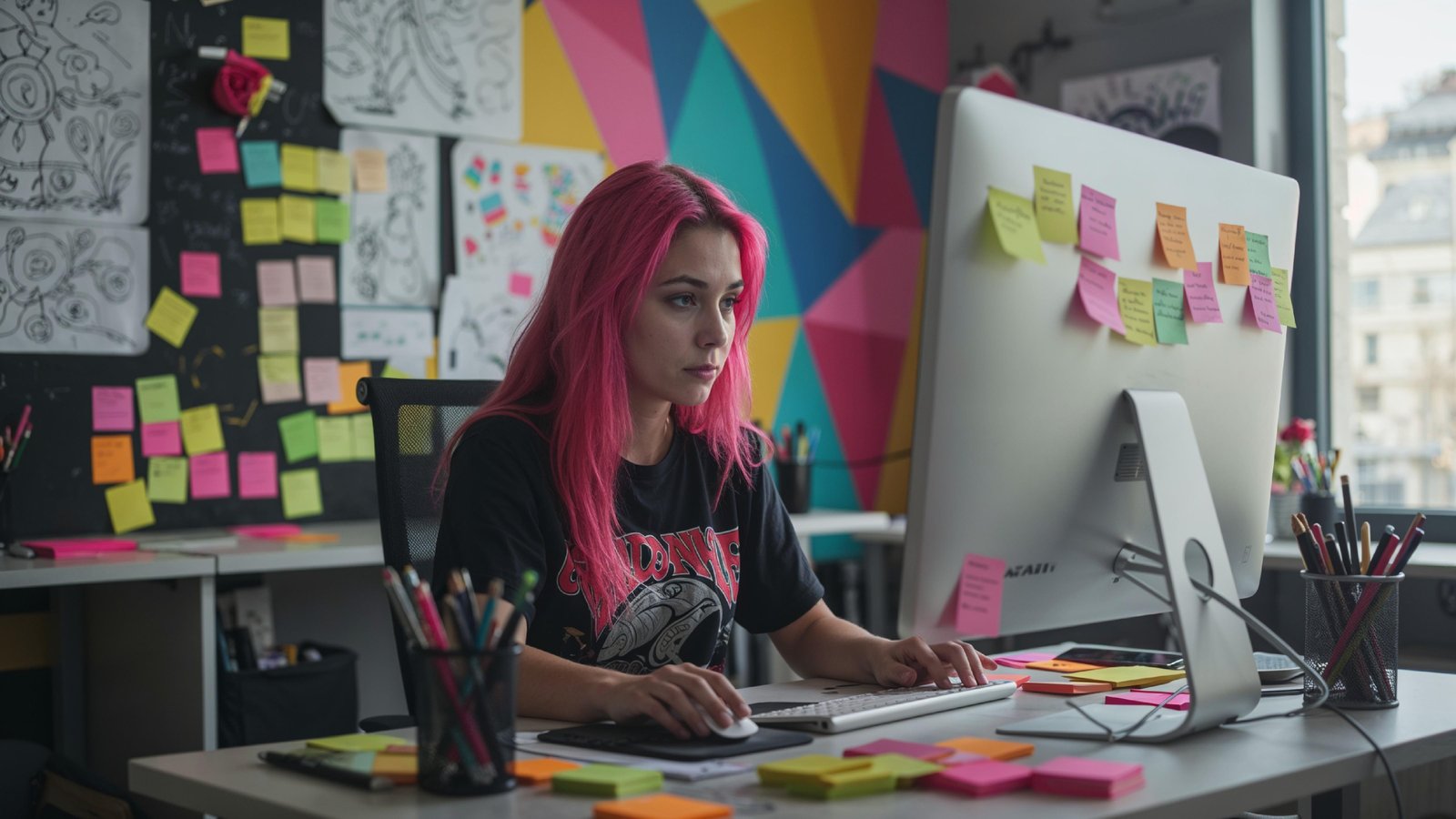 Young Woman Working on Laptop at Modern Home Office Workspace