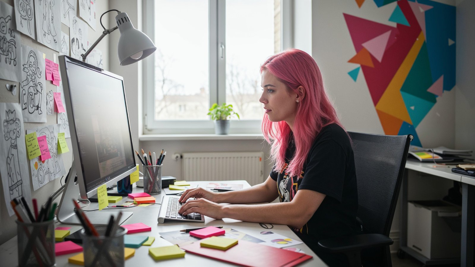 Young Woman Working on Laptop at Modern Home Office Workspace