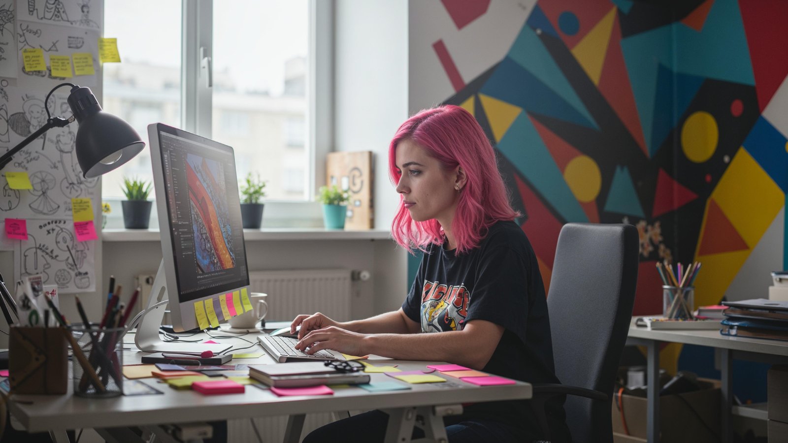 Young Woman Working on Laptop at Modern Home Office Workspace