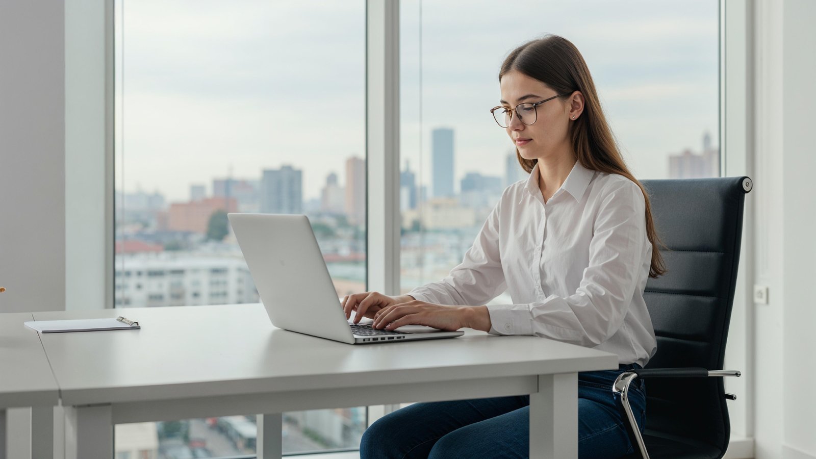 Young Woman Working on Laptop at Modern Home Office Workspace