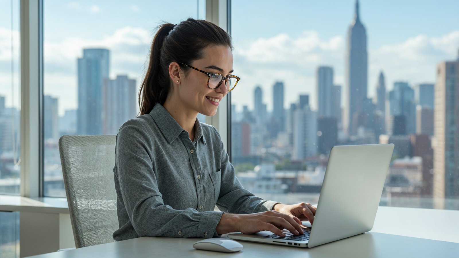 Young Woman Working on Laptop at Modern Home Office Workspace