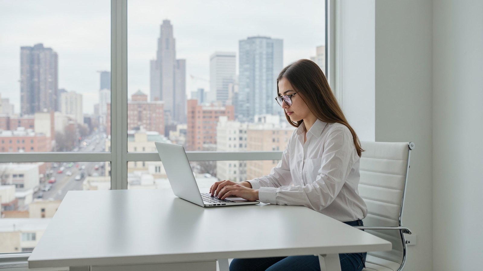 Young Woman Working on Laptop at Modern Home Office Workspace