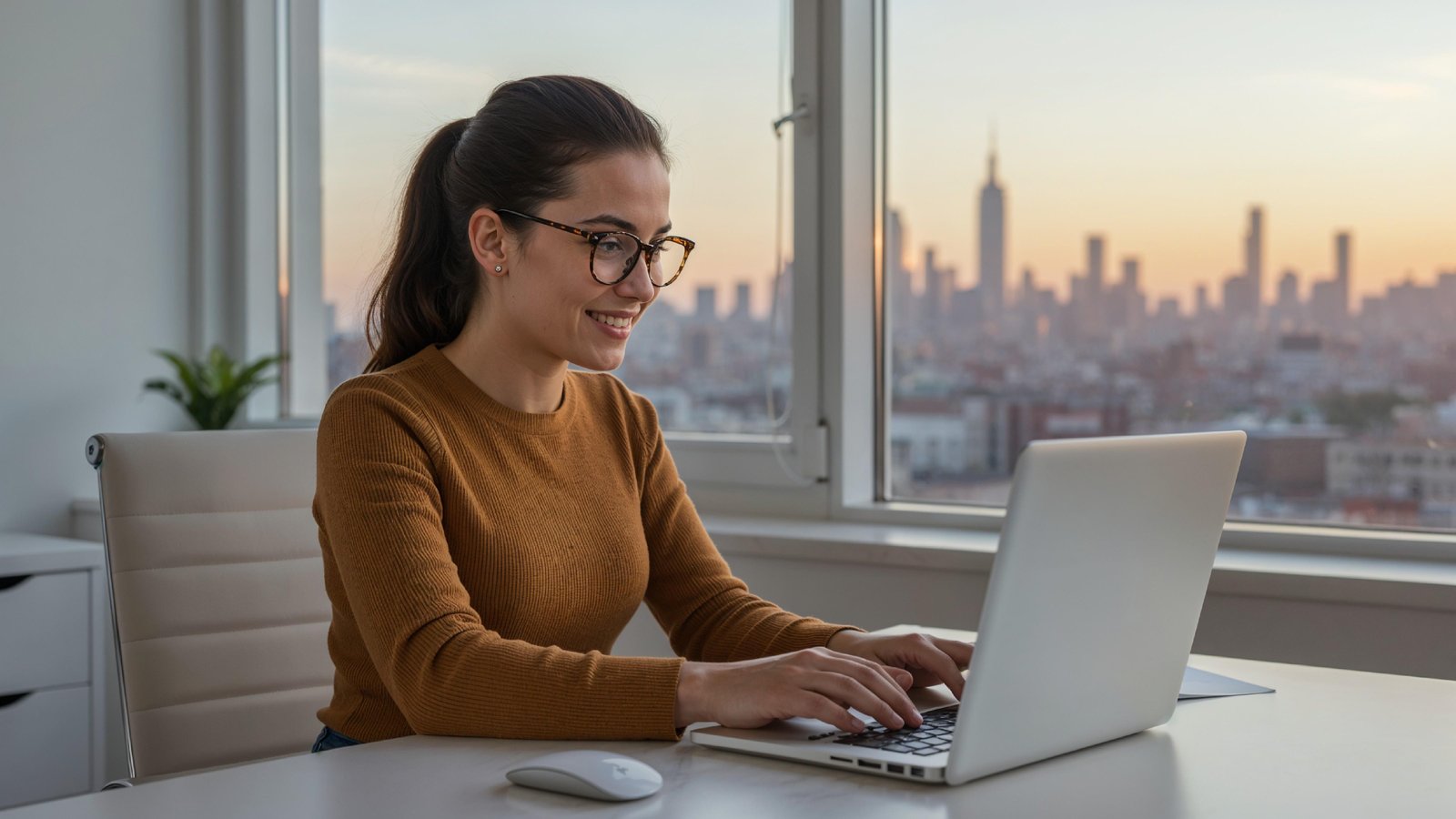 Young Woman Working on Laptop at Modern Home Office Workspace