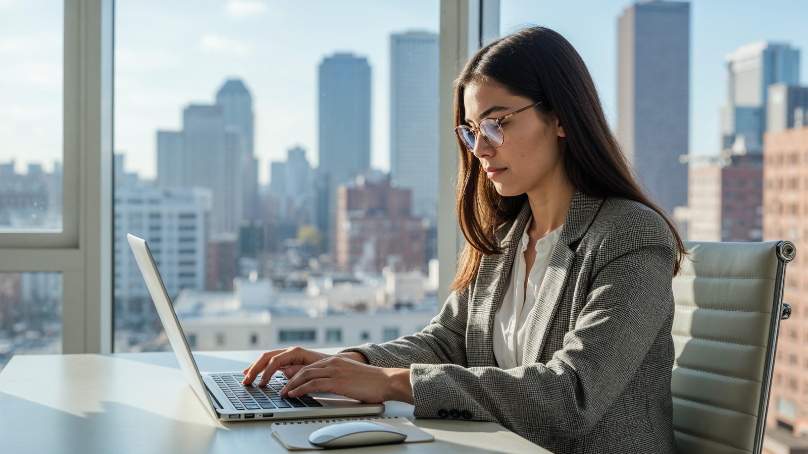 Young Woman Working on Laptop at Modern Home Office Workspace