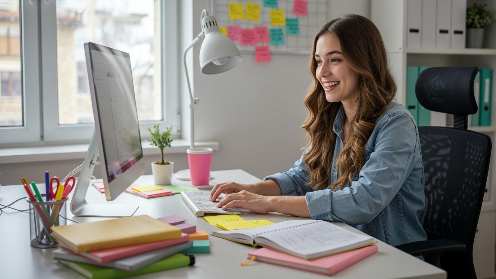 Young Woman Working on Laptop at Modern Home Office Workspace