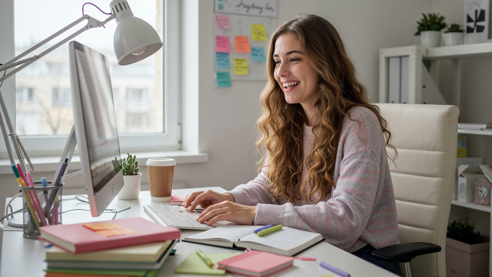 Young Woman Working on Laptop at Modern Home Office Workspace