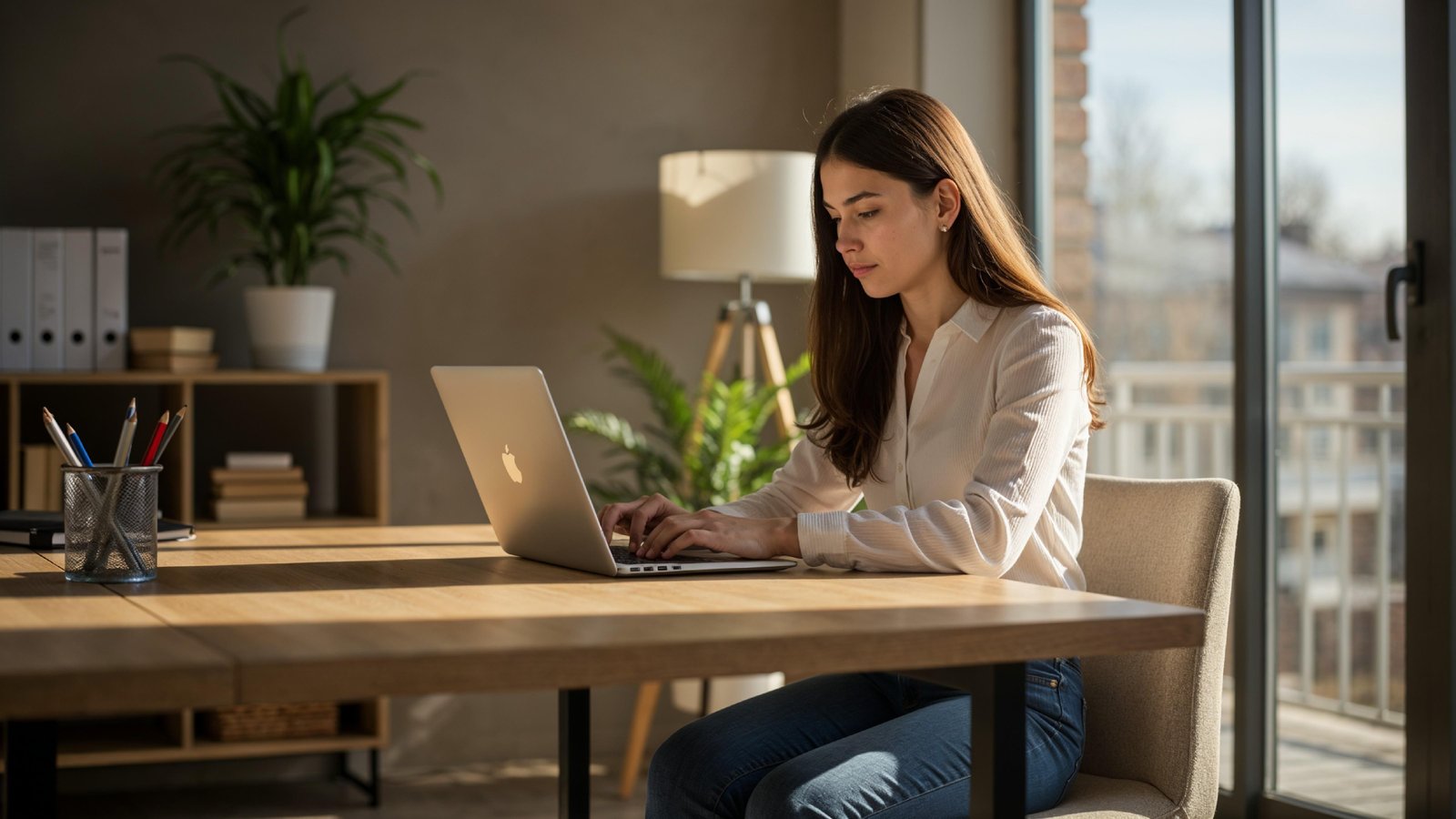 Young Woman Working on Laptop at Modern Home Office Workspace