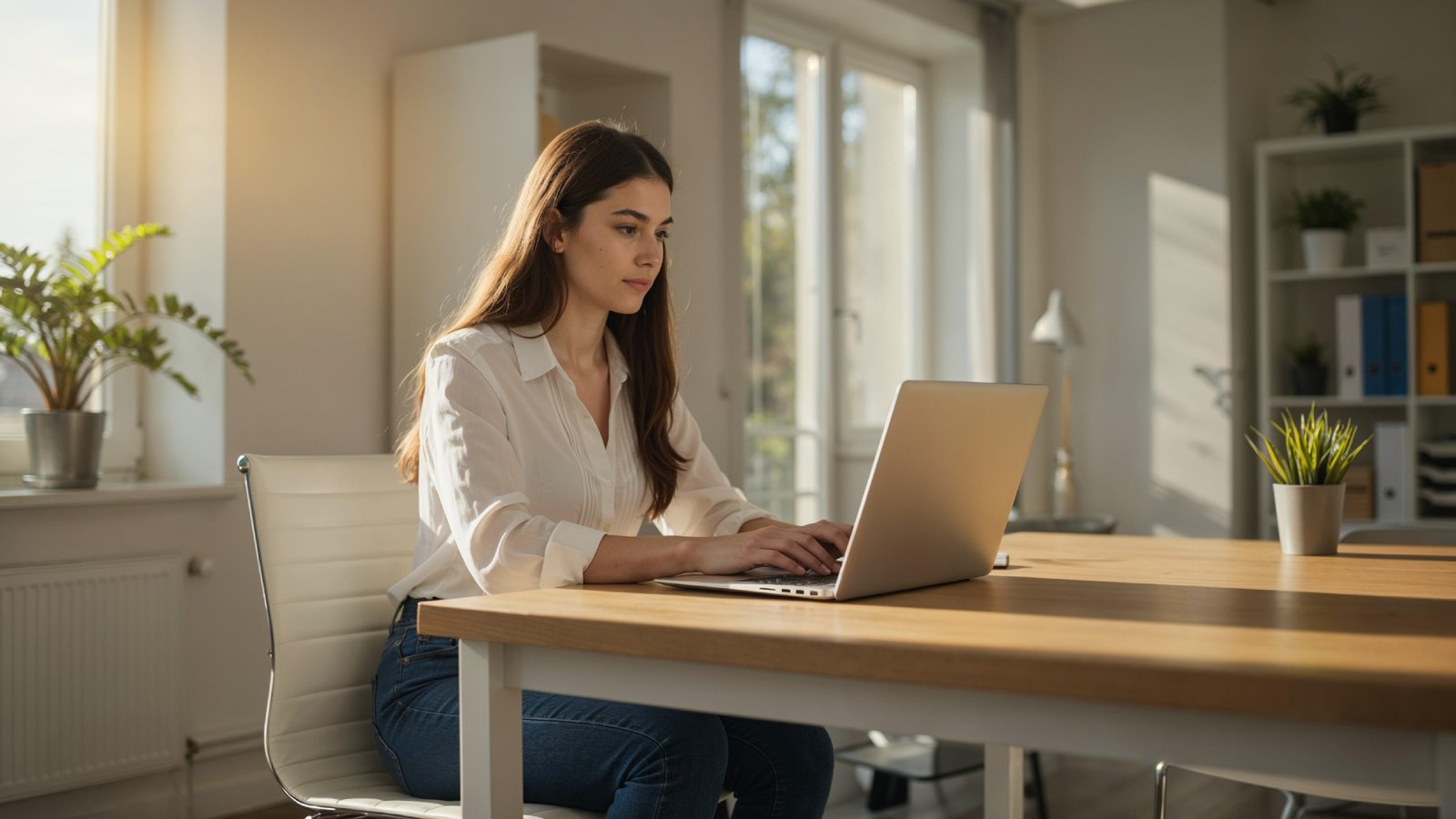 Young Woman Working on Laptop at Modern Home Office Workspace