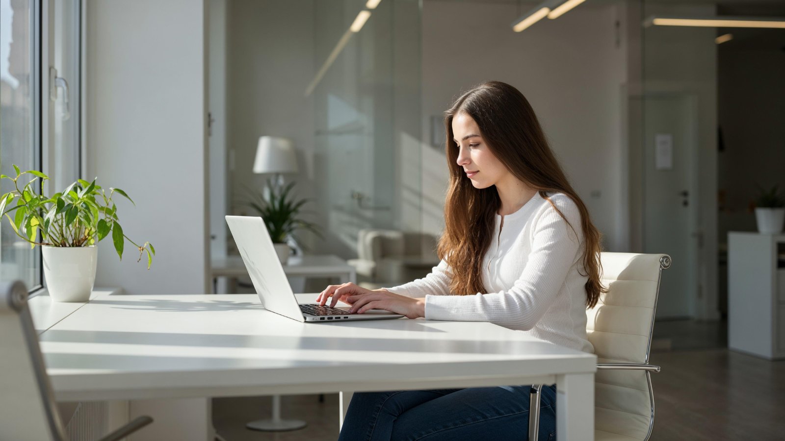 Young Woman Working on Laptop at Modern Home Office Workspace