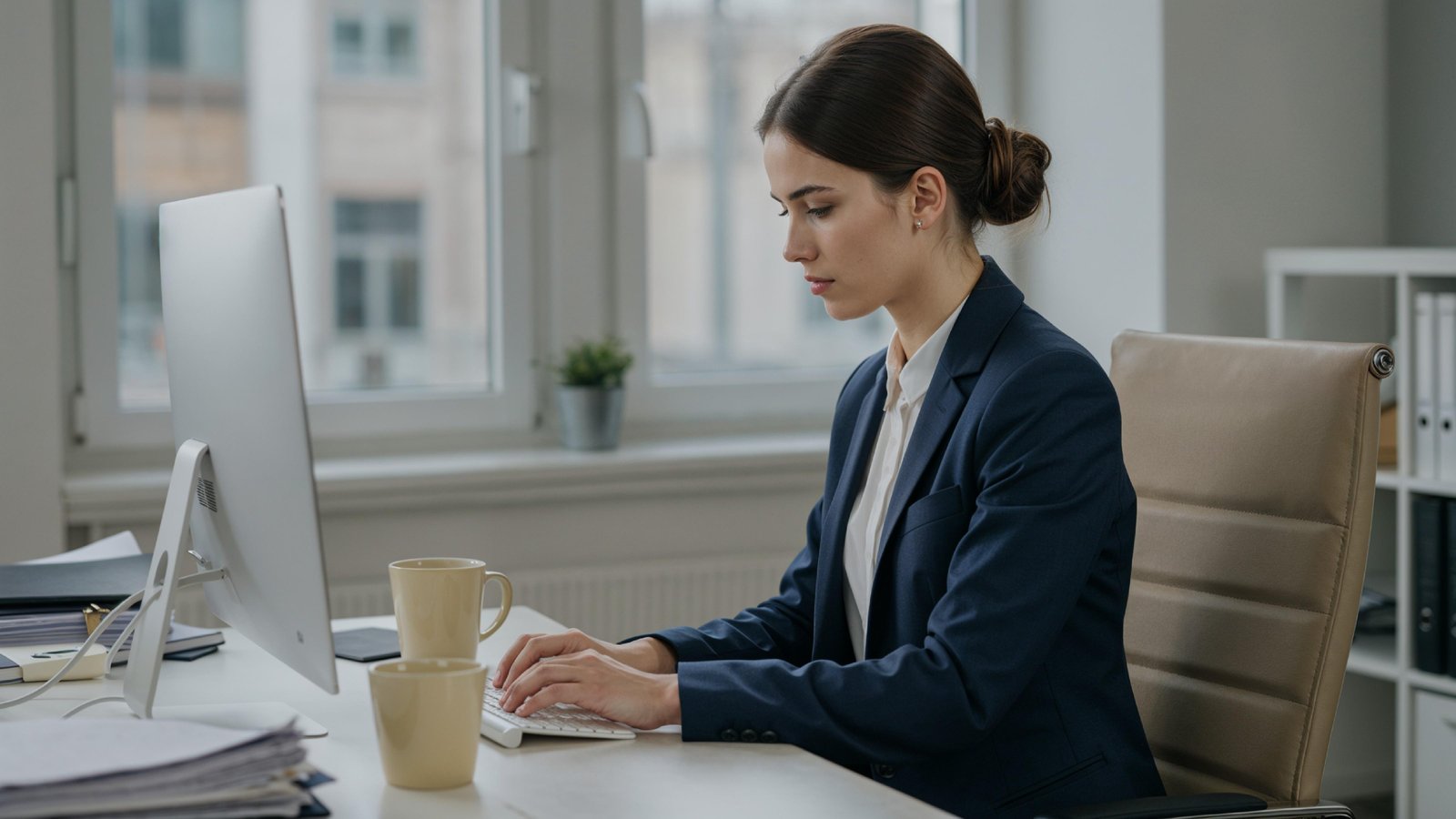 Young Woman Working on Laptop at Modern Home Office Workspace