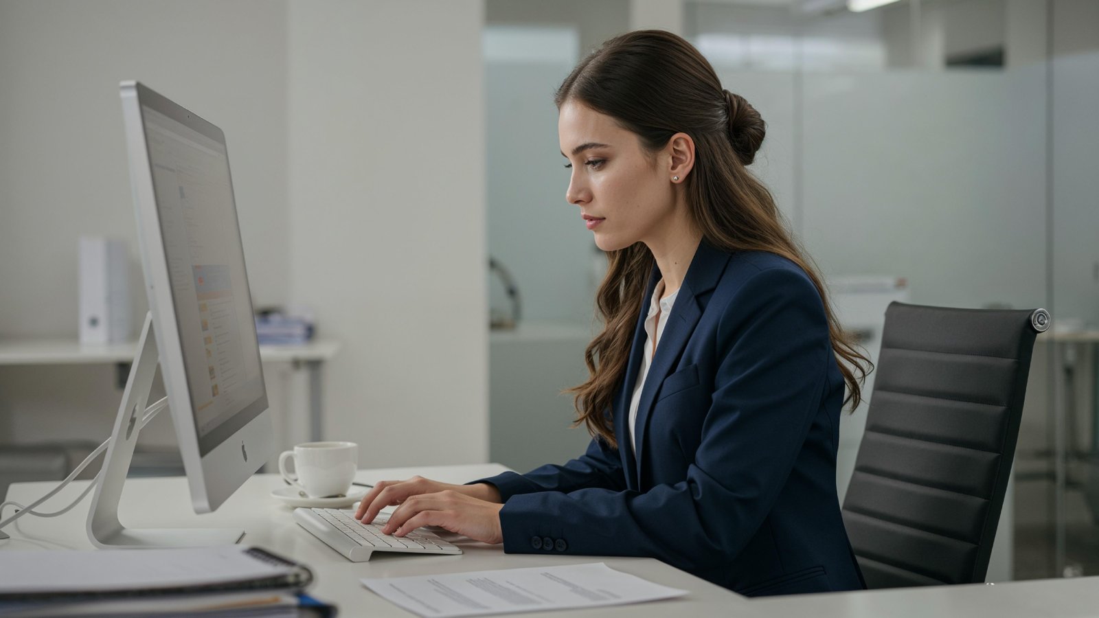 Young Woman Working on Laptop at Modern Home Office Workspace