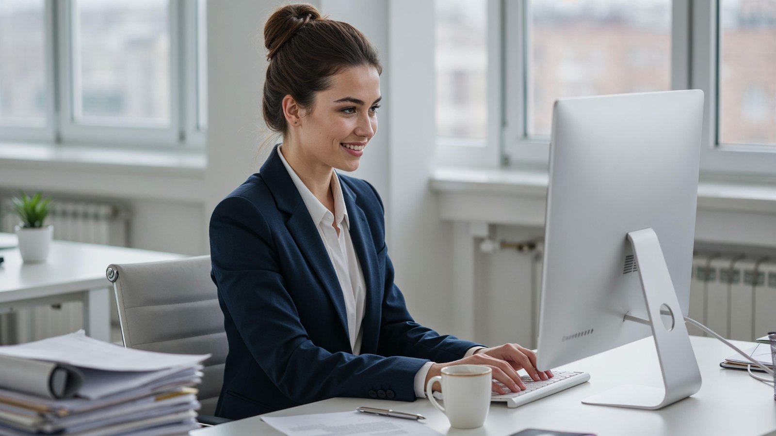 Young Woman Working on Laptop at Modern Home Office Workspace