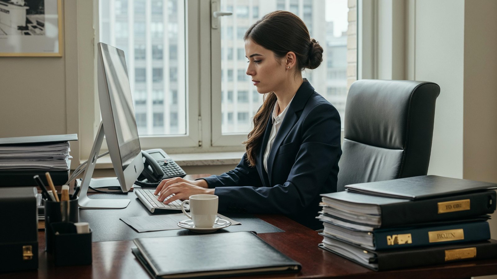 Young Woman Working on Laptop at Modern Home Office Workspace