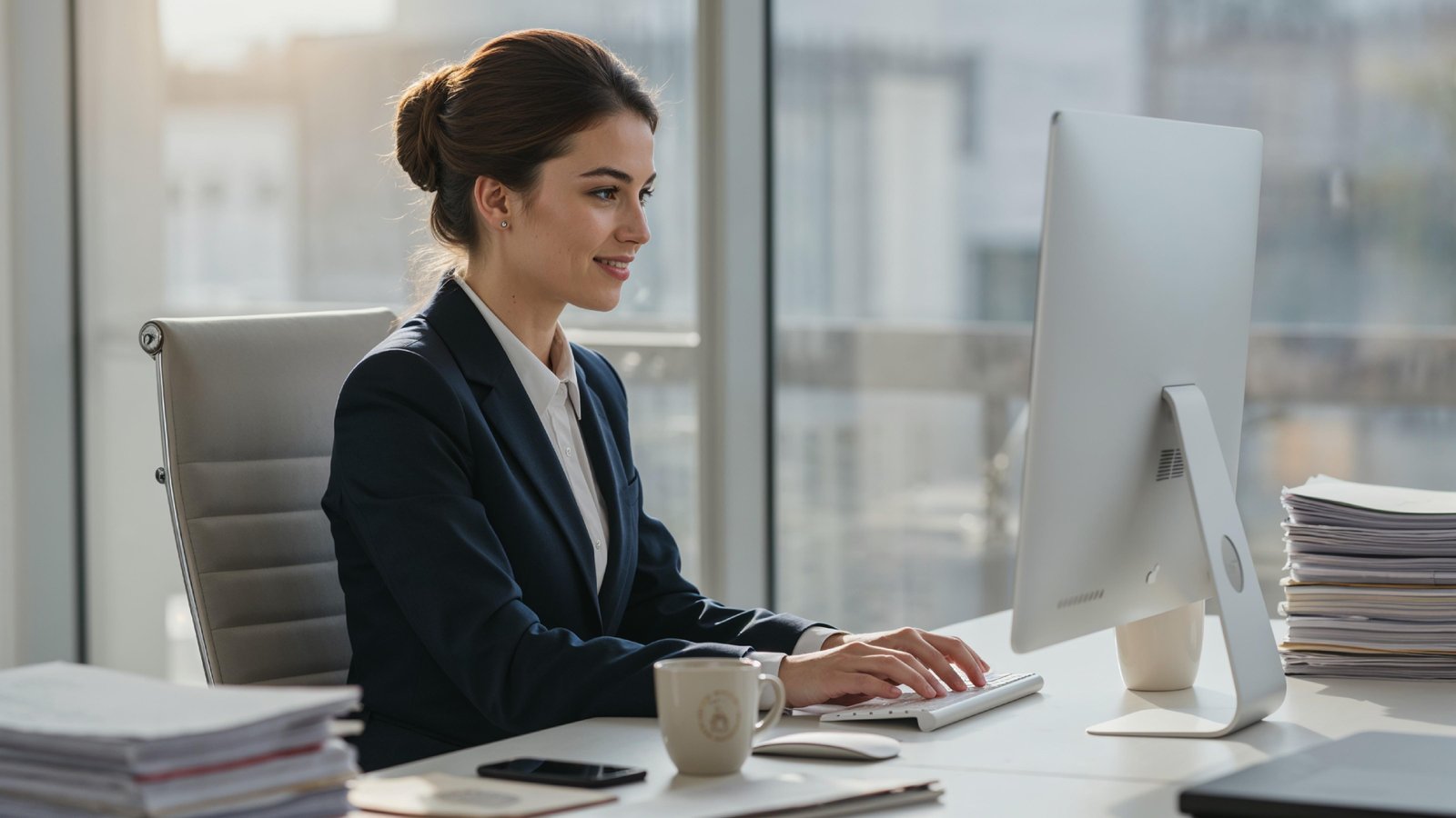 Young Woman Working on Laptop at Modern Home Office Workspace