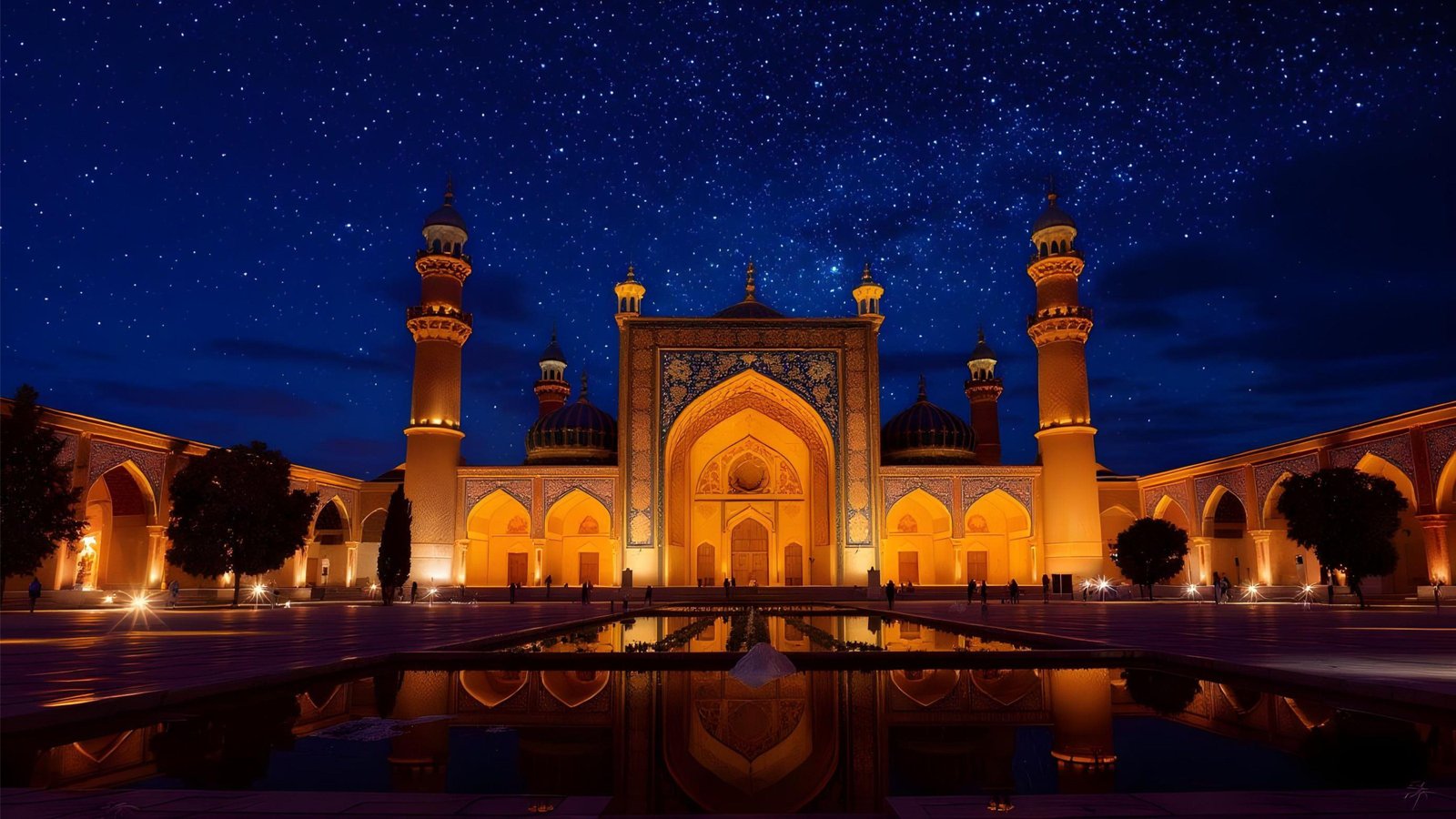 Beautiful Illuminated Mosque at Night with Reflections and Starry Sky Background