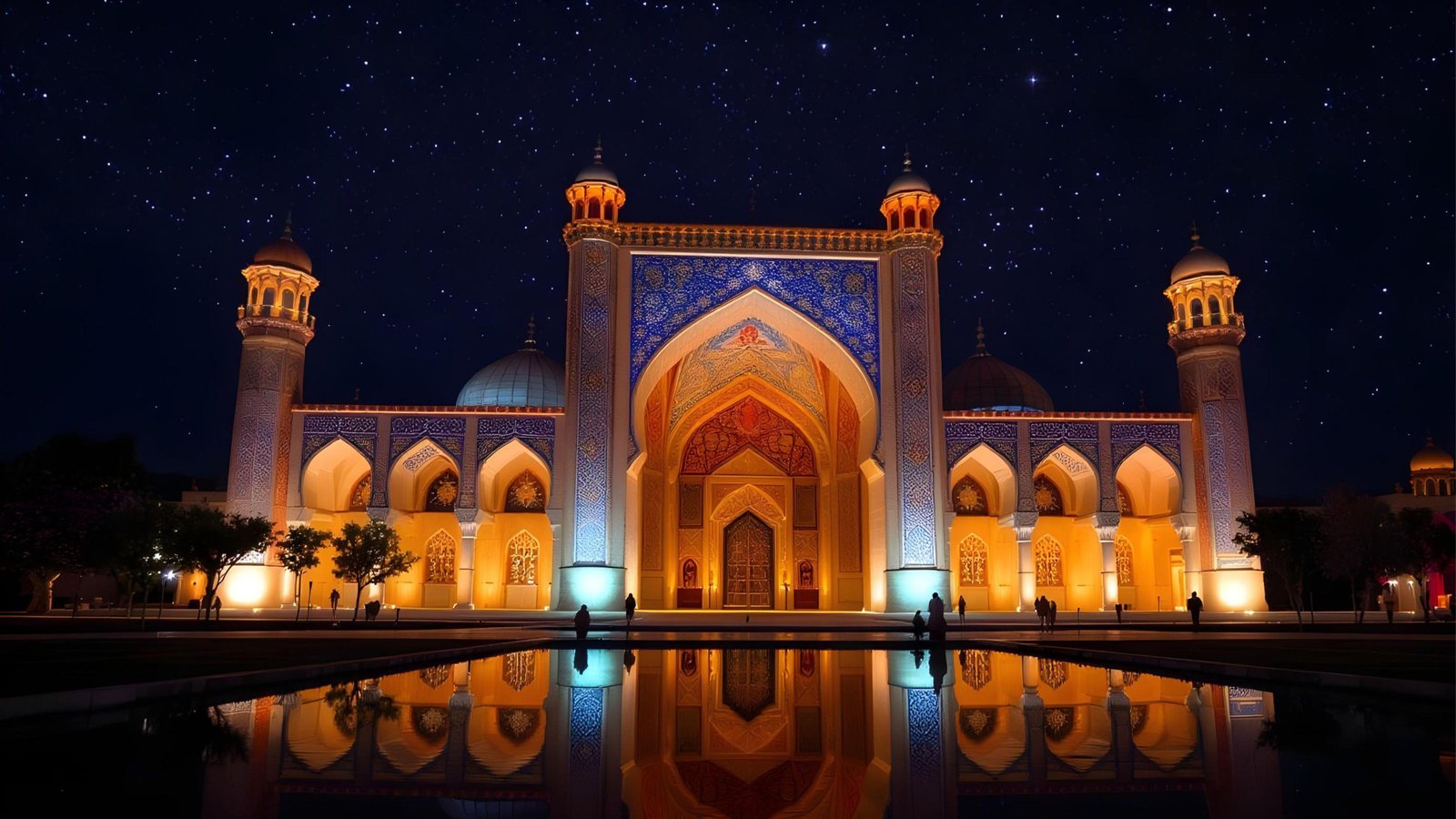 Beautiful Illuminated Mosque at Night with Reflections and Starry Sky Background