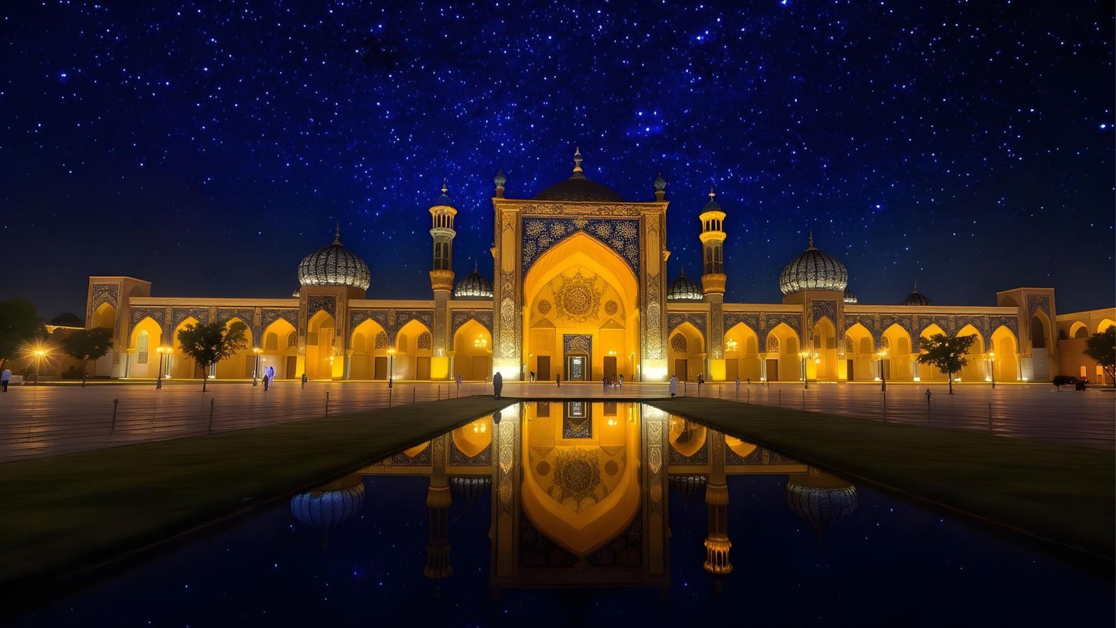 Beautiful Illuminated Mosque at Night with Reflections and Starry Sky Background