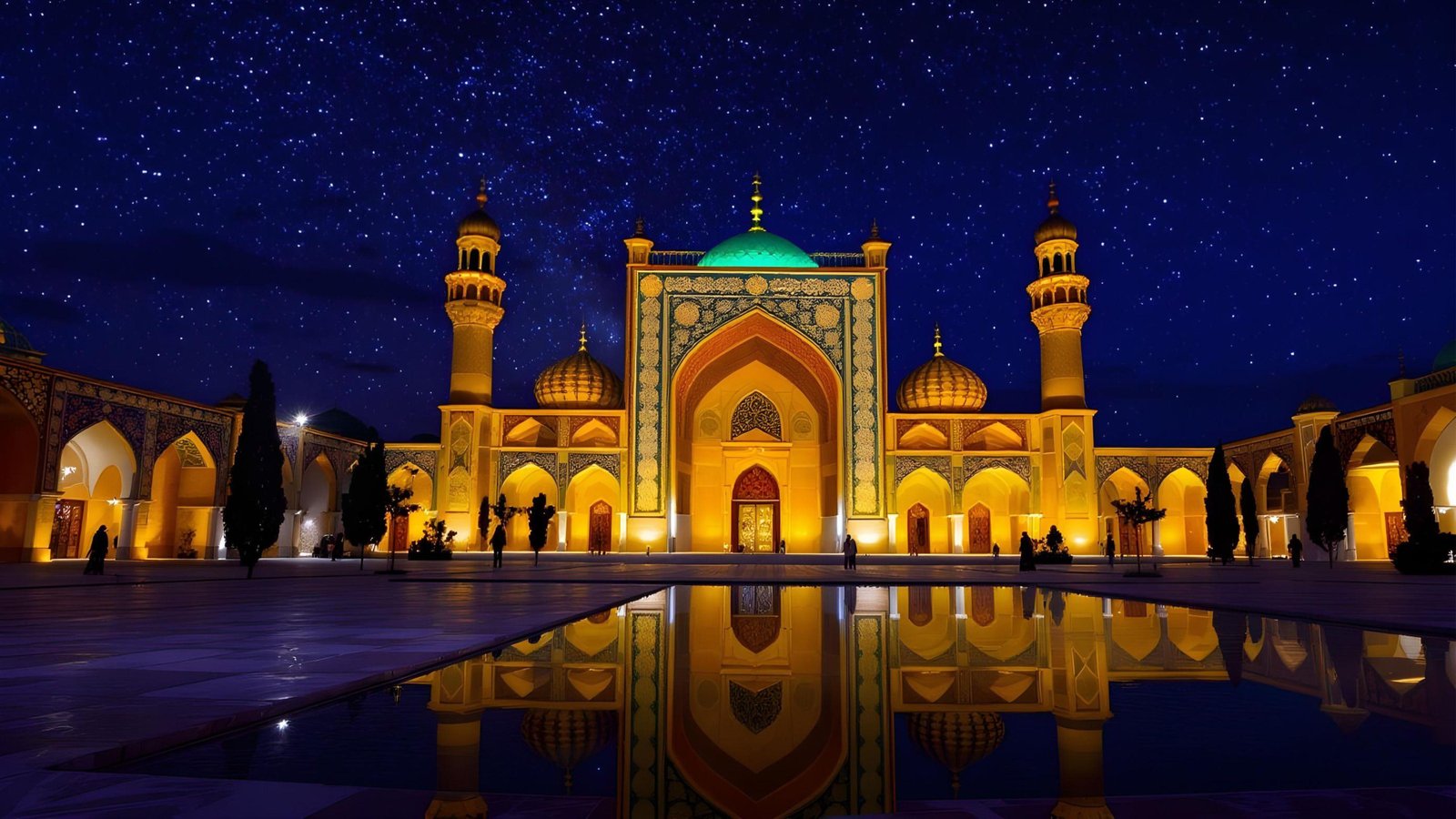 Beautiful Illuminated Mosque at Night with Reflections and Starry Sky Background