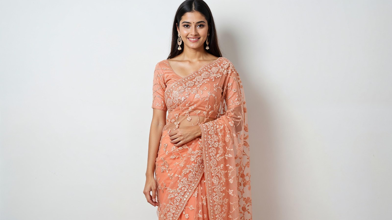 Beautiful Indian Woman Wearing Traditional Saree in Studio Portrait
