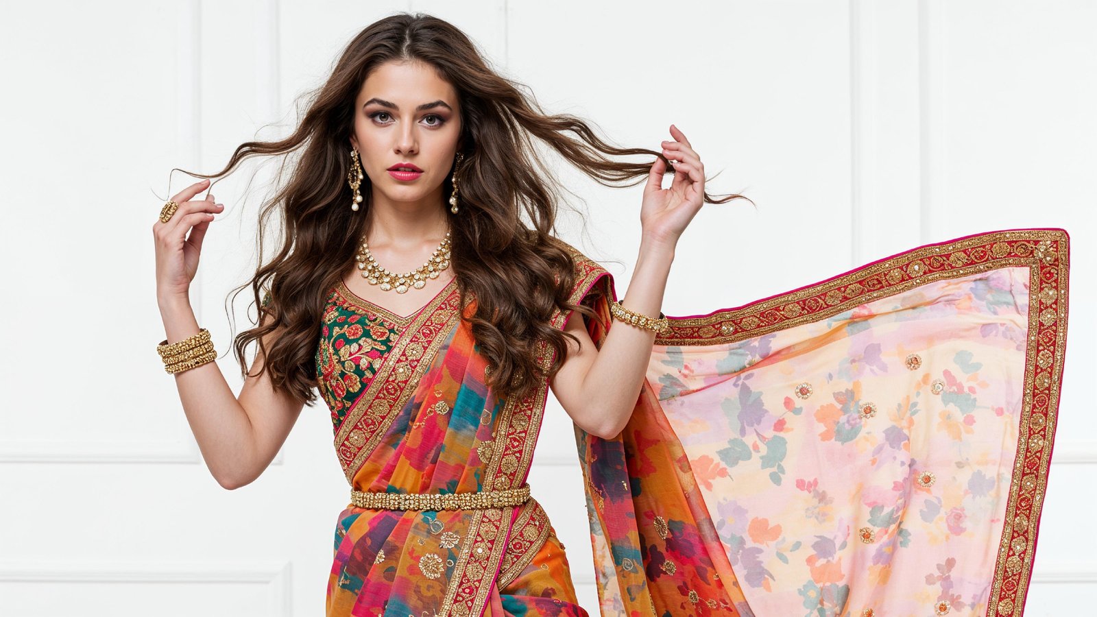 Beautiful Indian Woman Wearing Traditional Saree in Studio Portrait