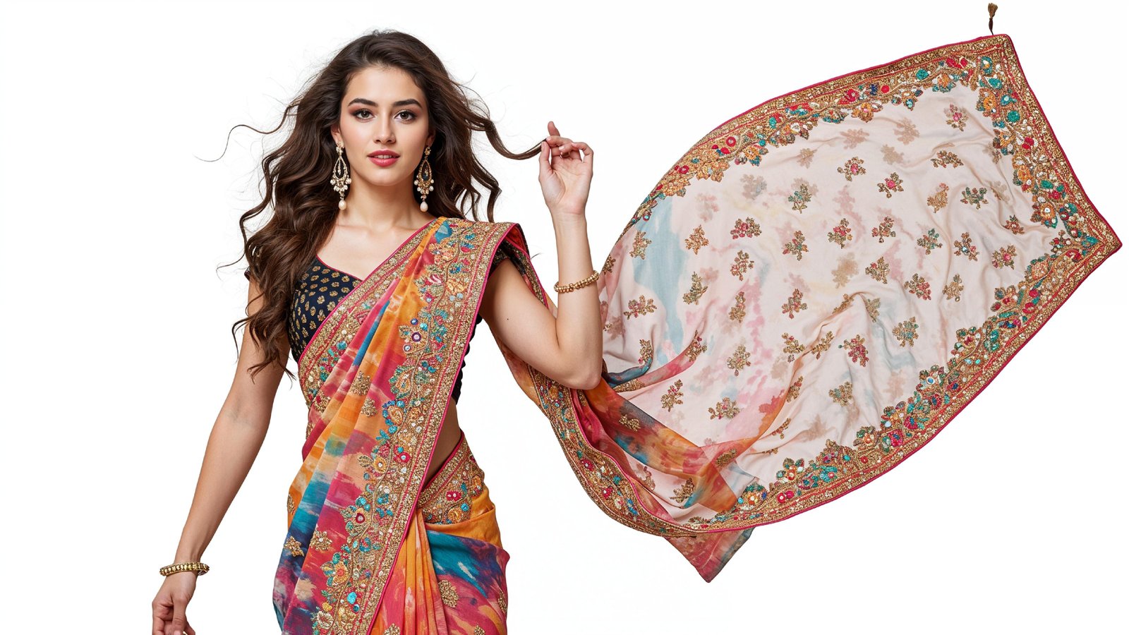 Beautiful Indian Woman Wearing Traditional Saree in Studio Portrait