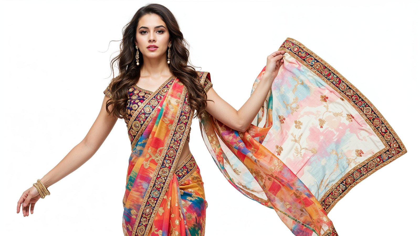 Beautiful Indian Woman Wearing Traditional Saree in Studio Portrait