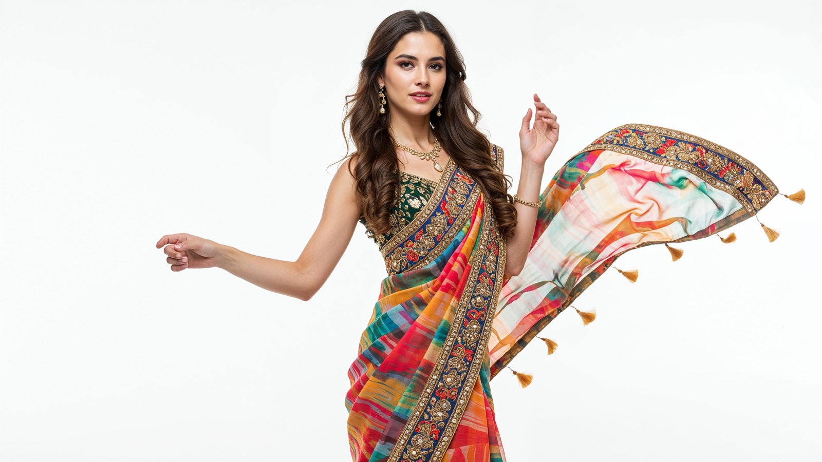 Beautiful Indian Woman Wearing Traditional Saree in Studio Portrait